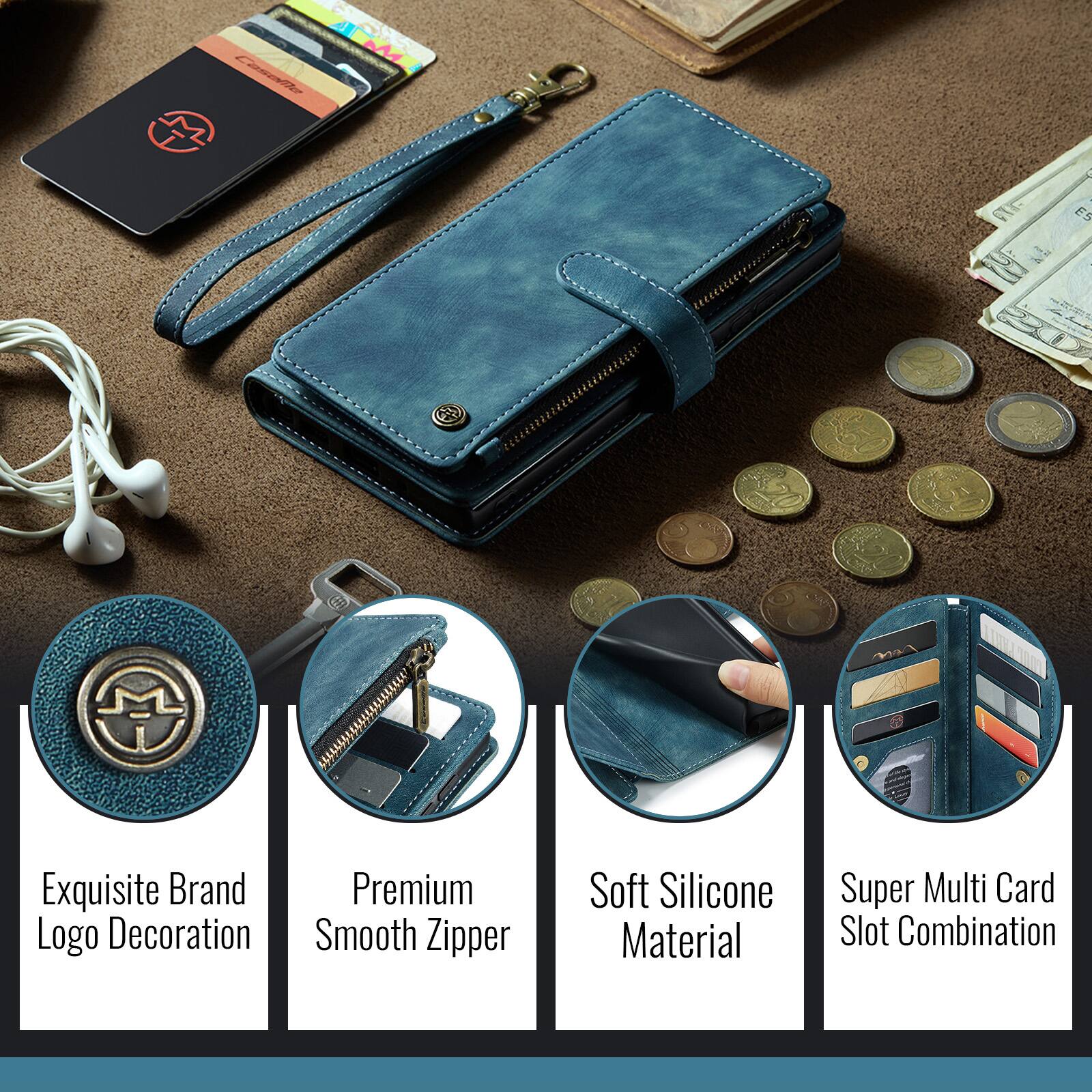 Exquisite Brand Logo Decoration  
Premium Smooth Zipper  
Soft Silicone Material  
Super Multi Card Slot Combination