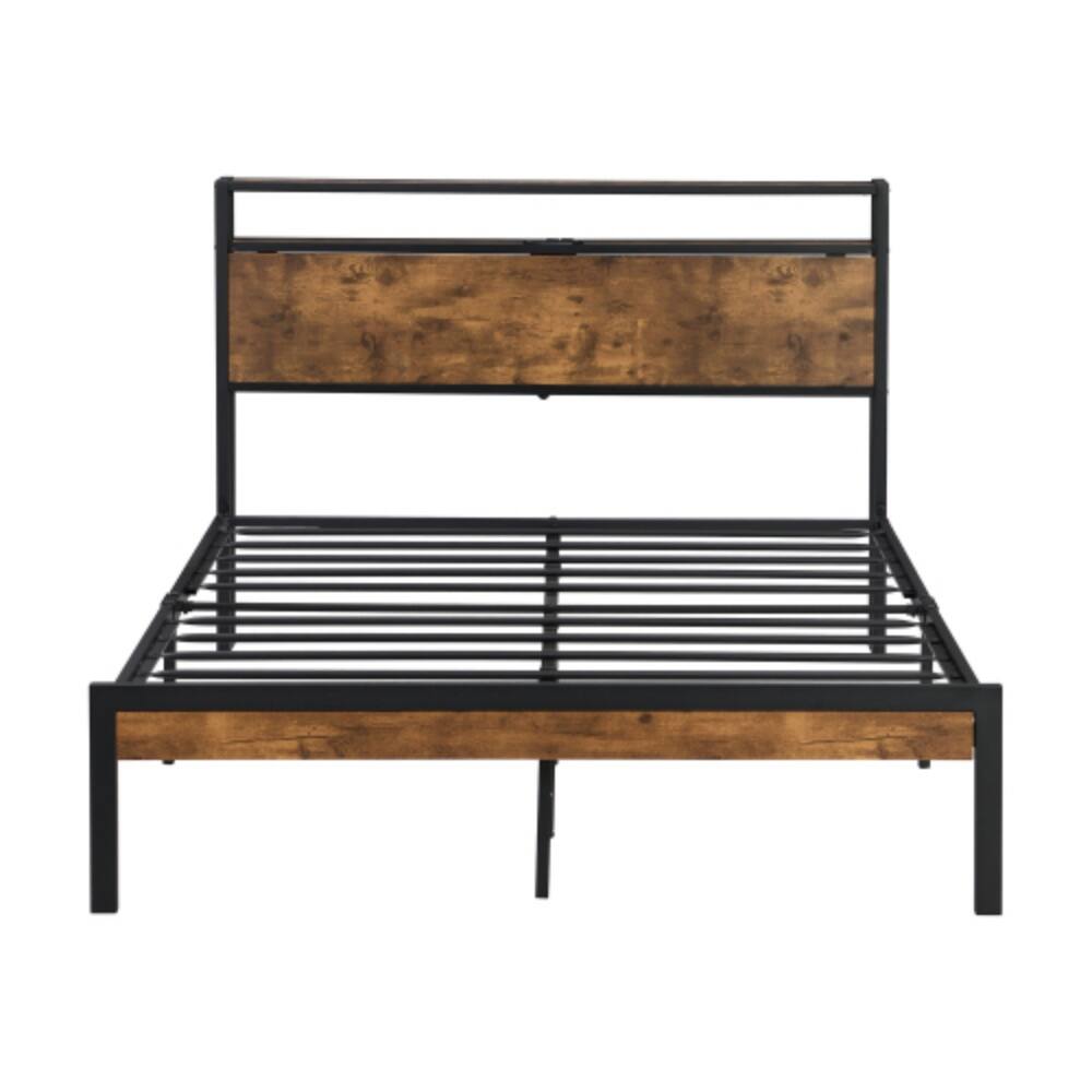 Back. LUCKY ONE - Full Size Metal Platform Bed Frame with Wooden Headboard and Footboard, USB Ports, No Box Spring Needed - Black.