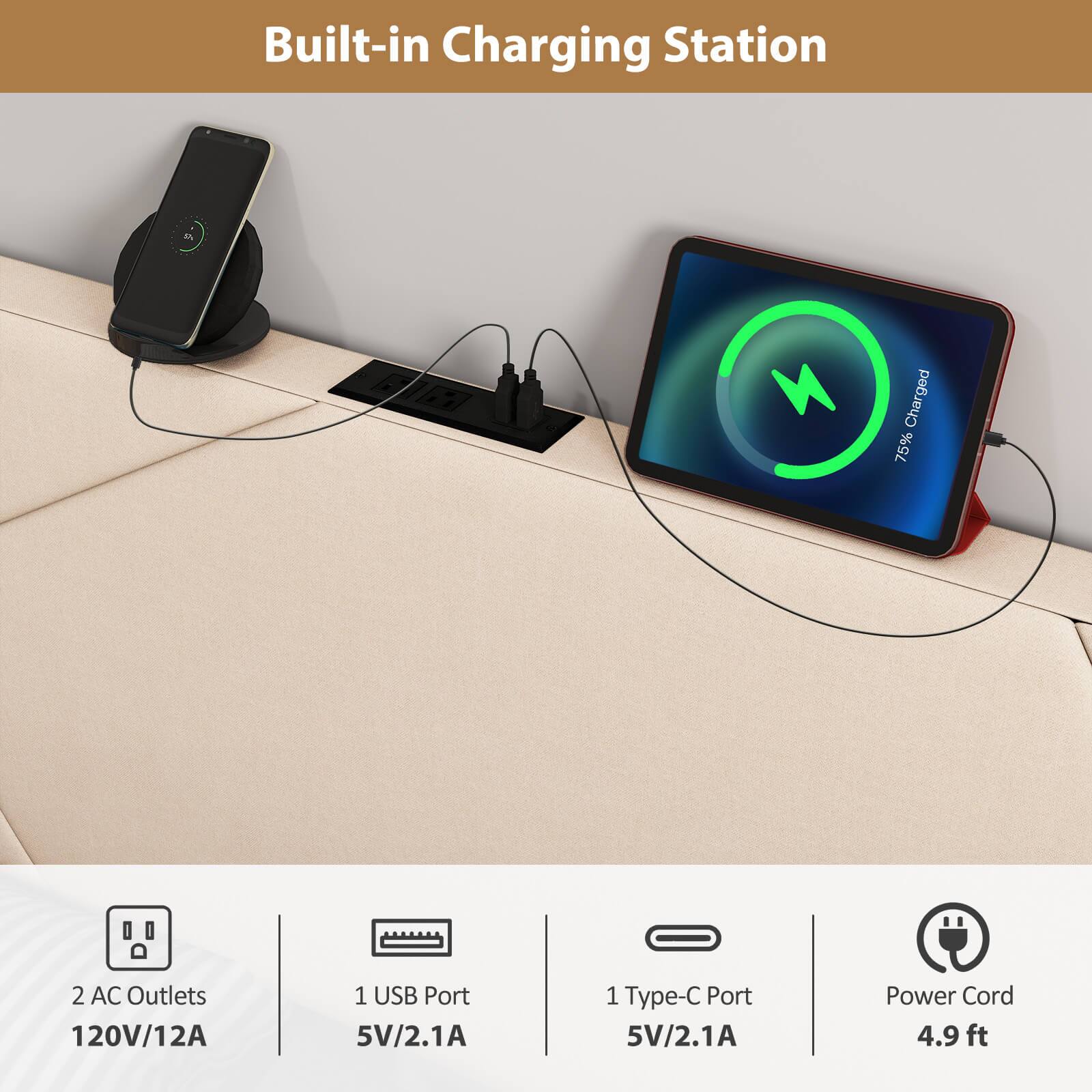 Built-in Charging Station  
- Charged 75%  
- 2 AC Outlets 120V/12A  
- 1 USB Port 5V/2.1A  
- 1 Type-C Port 5V/2.1A  
- Power Cord 4.9 ft