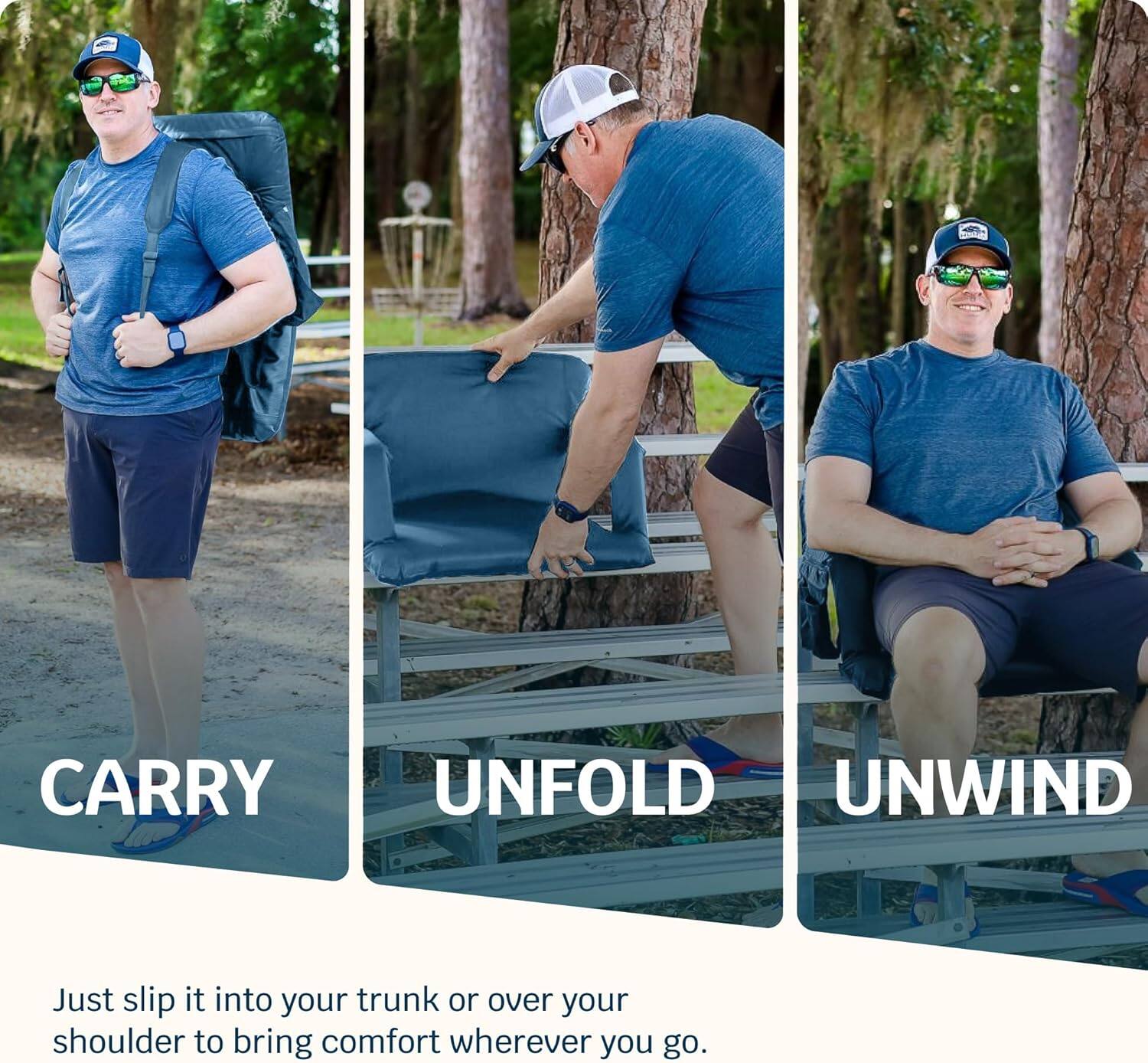 CARRY  
UNFOLD  
UNWIND  

Just slip it into your trunk or over your shoulder to bring comfort wherever you go.
