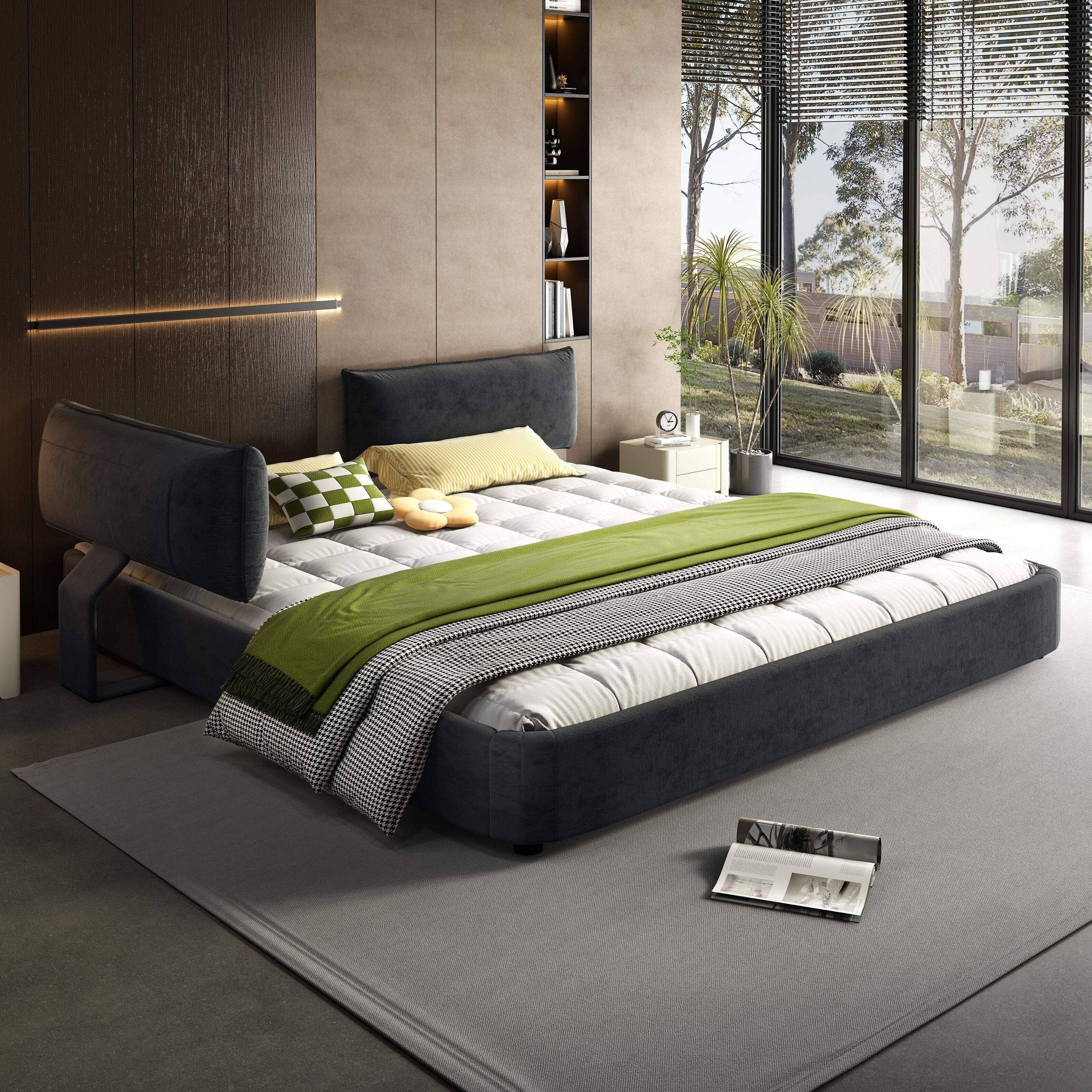 Angle. LOVMOR - King Size Cloud Bed Frame with Oversized Padded Movable Headboard Chenille Upholstered Bed with Round CornerMetal Solid - Black.