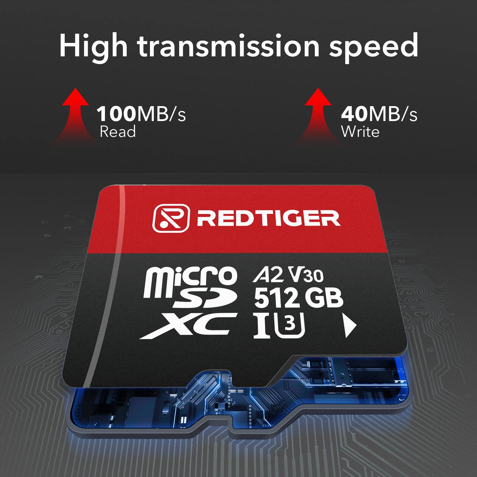 High transmission speed  
100MB/s Read  
40MB/s Write  
REDTIGER A2 V30  
microSD XC  
512 GB  
I/O 3