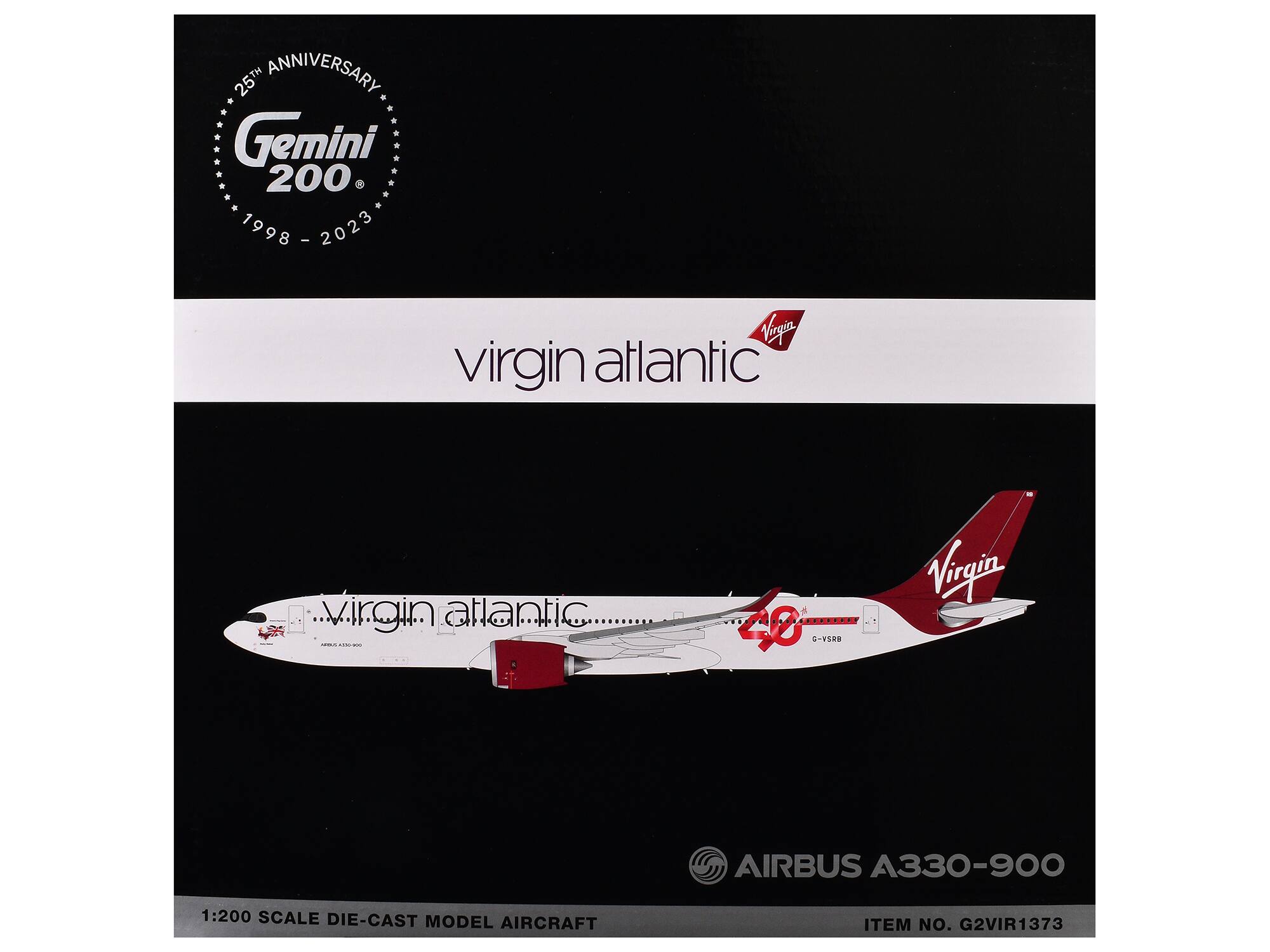 25th Anniversary  
Gemini 200  
1998 - 2023  

Virgin Atlantic  

1:200 Scale Die-Cast Model Aircraft  
Airbus A330-900  
Item No. G2VIR1373