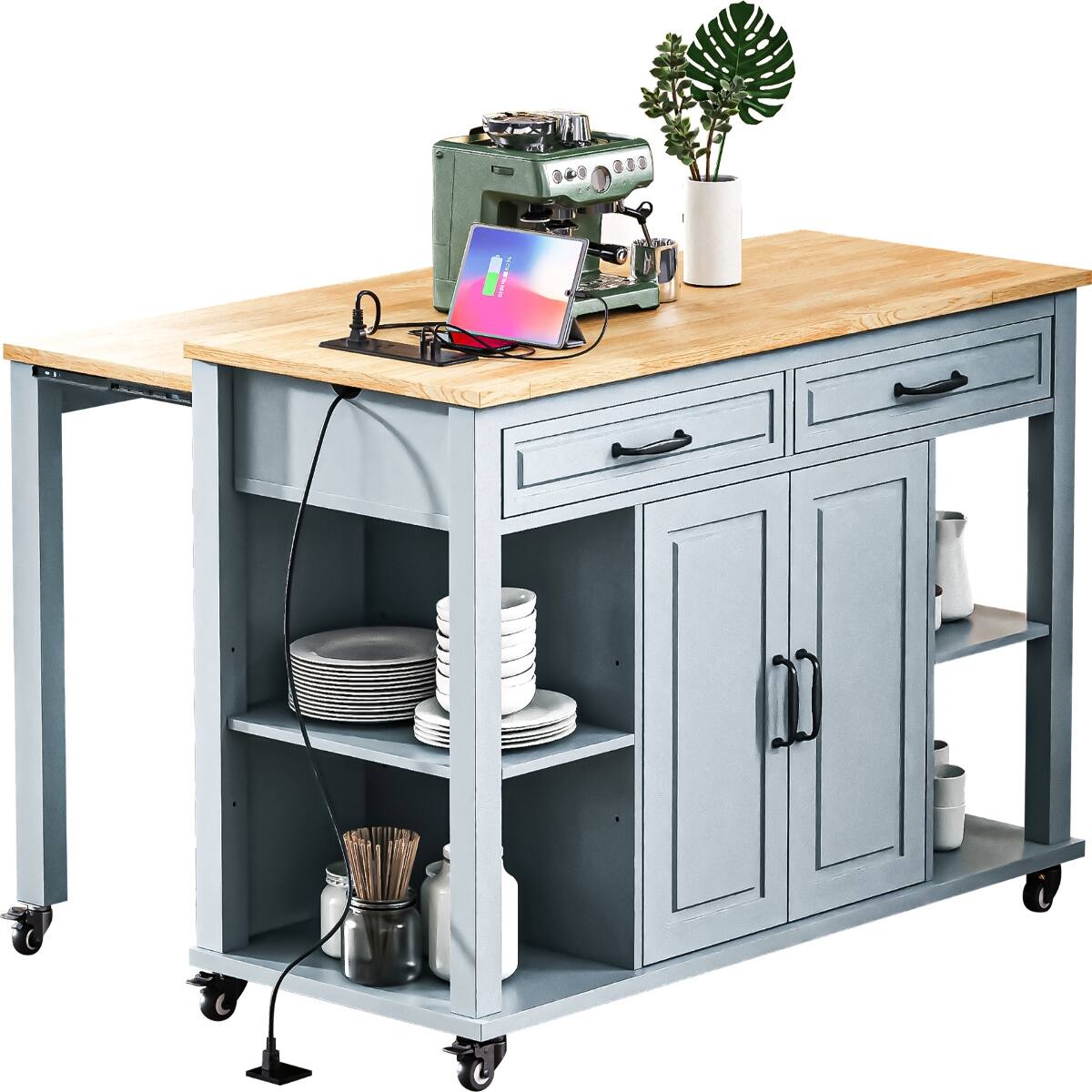 Alt View 6. Loheer - 47.2" Kitchen Island with Extendable Dining Table, Rolling Kitchen Island with Storage - Grey Blue.