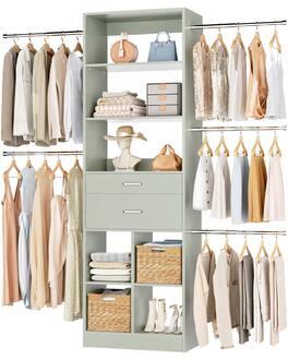 Aheaplus - Small Closet System, 3.2-6.8FT Adjustable Closet Organizer with 2 Drawers & 5 Hanging Rods - Cyan