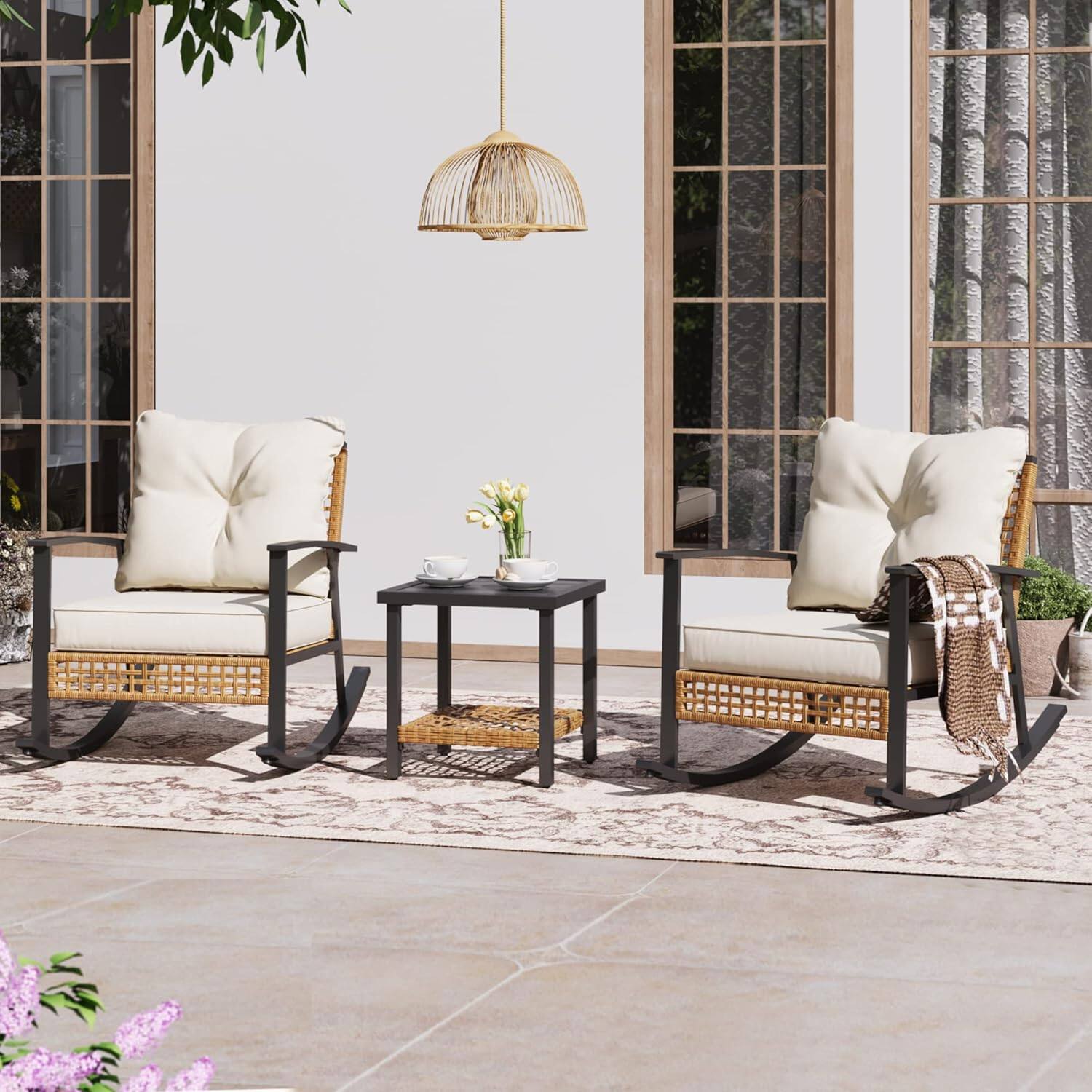 Angle. Decksplore - 3-Piece Oversized  Rocking Patio Set with Thick Cushions & 2-Tier Table - Beige.