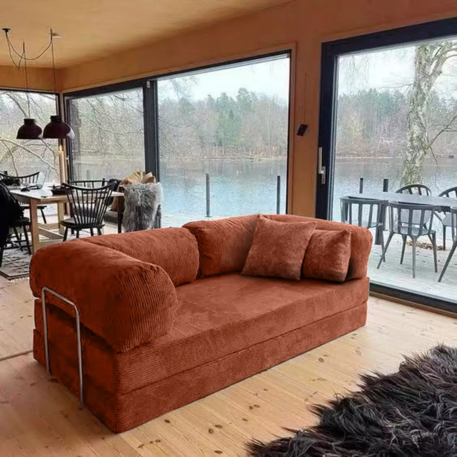 KERDOM - 62'' Wide Corduroy Sleeper Sofa Bed, Convertible Loveseat Sofa With Pull-out Bed, Foldable Spliced Block Lounge Couch - Pumpkin Brown