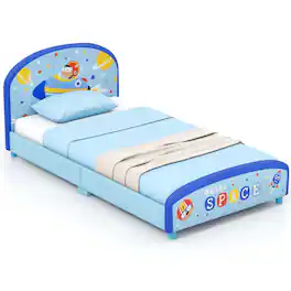 Costway - Children Twin Size Upholstered Platform Single Bed with Headboard & Footboard - Blue