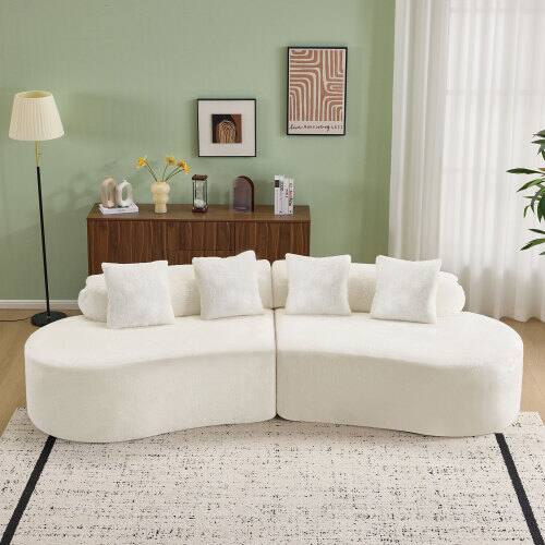 Angle. Anysun - Modern Curved Flannelette Sofa, Multi-Seat Creative Design for Living Room with Pillow Set - White.