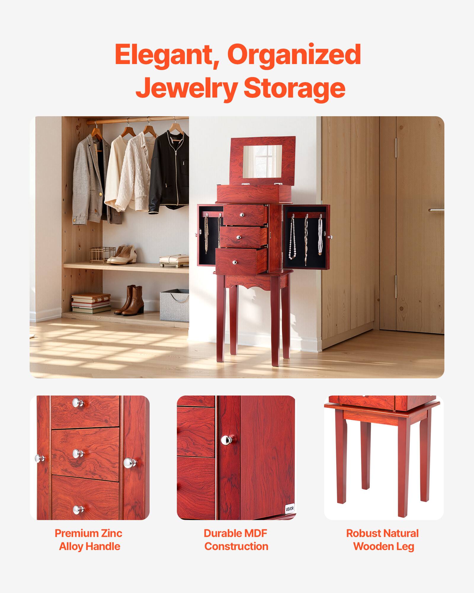 Elegant, Organized Jewelry Storage

- Premium Zinc Alloy Handle
- Durable MDF Construction
- Robust Natural Wooden Leg