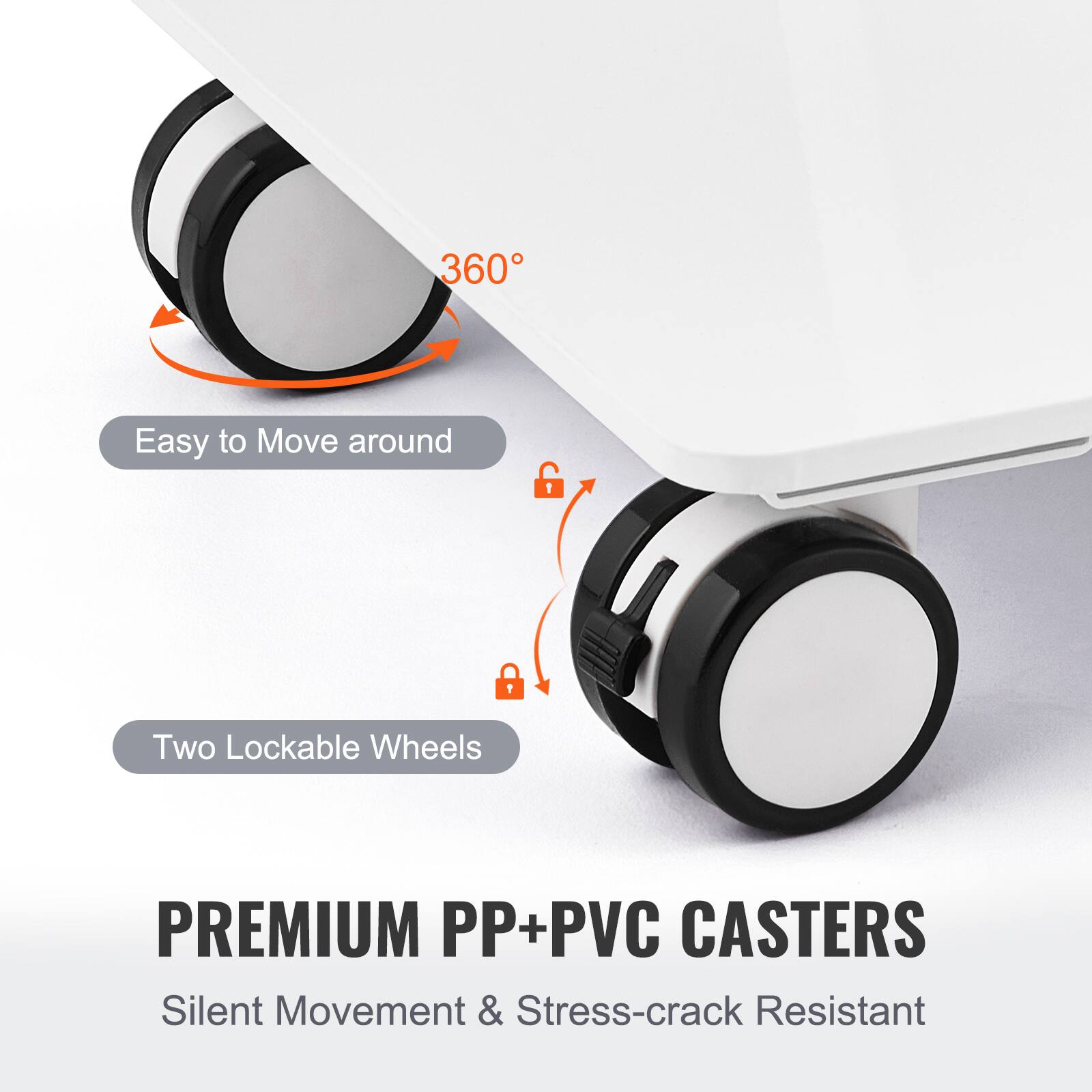 PREMIUM PP+PVC CASTERS, Silent Movement & Stress-crack Resistant, 360°, Easy to Move around, Two Lockable Wheels