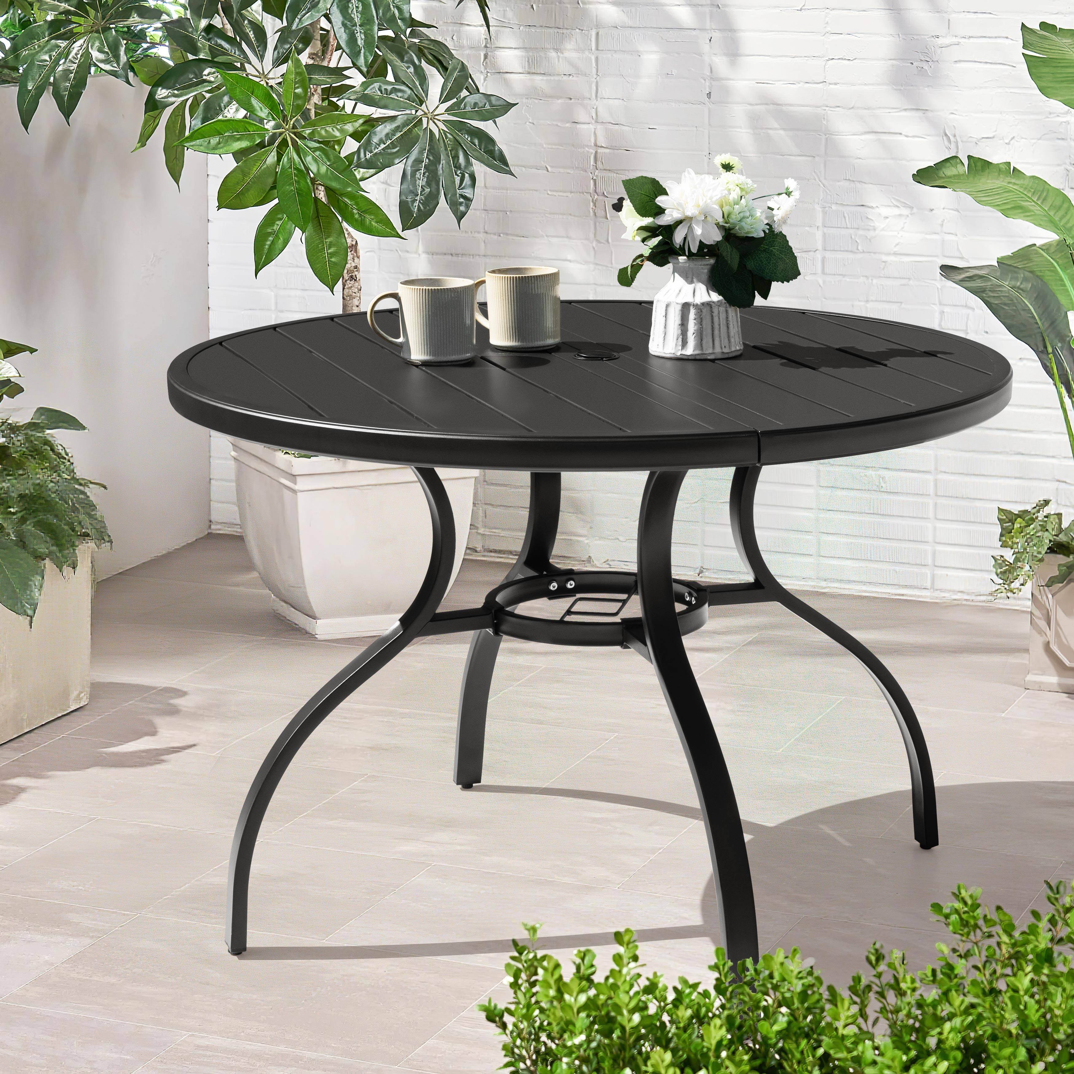 Angle. Nuu Garden - Outdoor 41" Round Metal Patio Dining Table with 1.7'' Umbrella Hole, Adjustable Feet and Slatted Tabletop - Black.