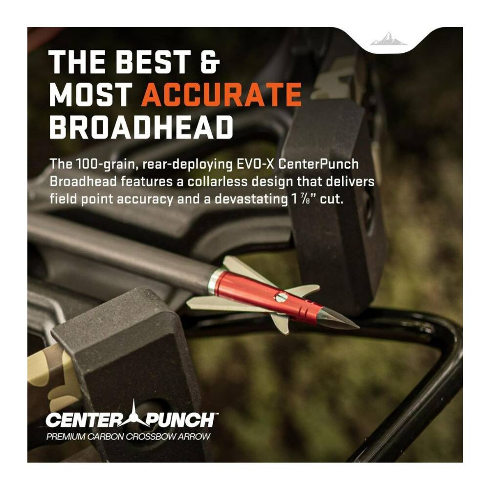 THE BEST & MOST ACCURATE BROADHEAD

The 100-grain, rear-deploying EVO-X CenterPunch Broadhead features a collarless design that delivers field point accuracy and a devastating 1 7/8" cut.

CENTER PUNCH
PREMIUM CARBON CROSSBOW ARROW