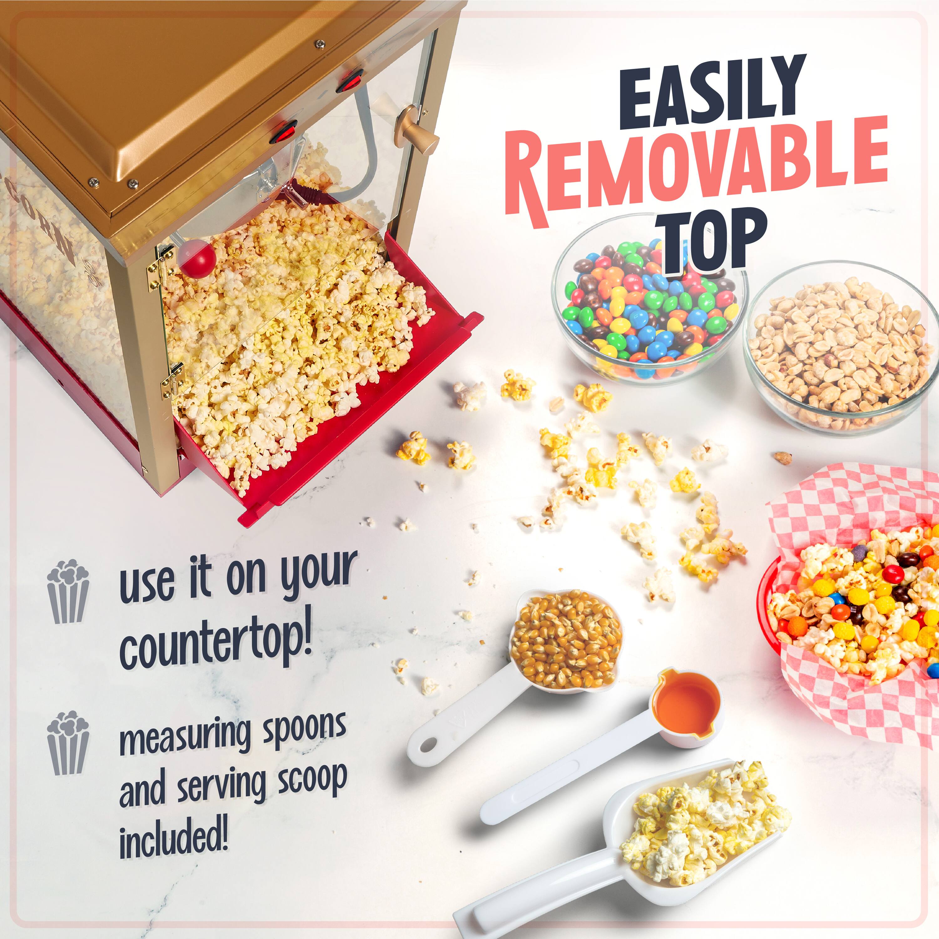 EASILY REMOVABLE TOP

use it on your countertop!

measuring spoons and serving scoop included!