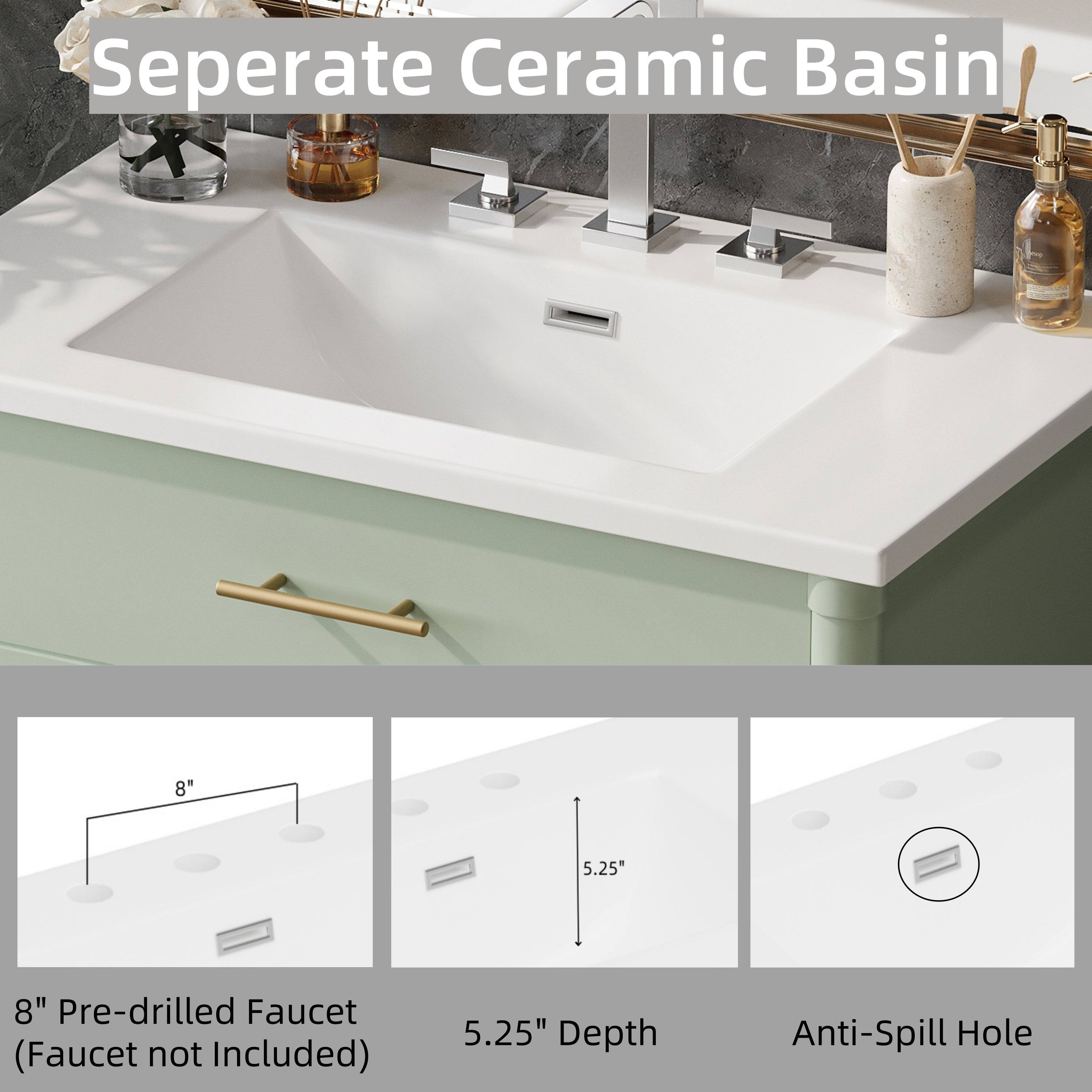 Seperate Ceramic Basin

8" Pre-drilled Faucet (Faucet not Included)

5.25" Depth

Anti-Spill Hole