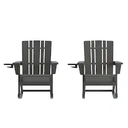 Emma + Oliver - Haley Set of 2 Adirondack Rocking Chairs with Cup Holders, Weather Resistant HDPE Adirondack Rocking Chairs - Gray