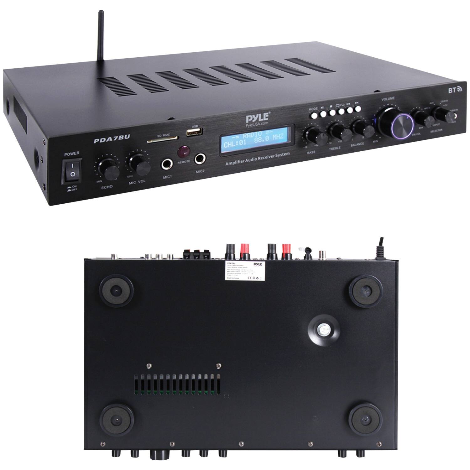 PYLE  
PYLEUSA.com  
AMPLIFIER AUDIO RECEIVER SYSTEM  
VOLUME BT  
PDA7BU  
POWER I  
MIC1  
MIC2  
REMOTE  
ECHO  
MIC VOL  
CHL  
RADIO  
MHZ 01 88.0  
BASS  
TREBLE  
BALANCE  
VOLUME  
BT