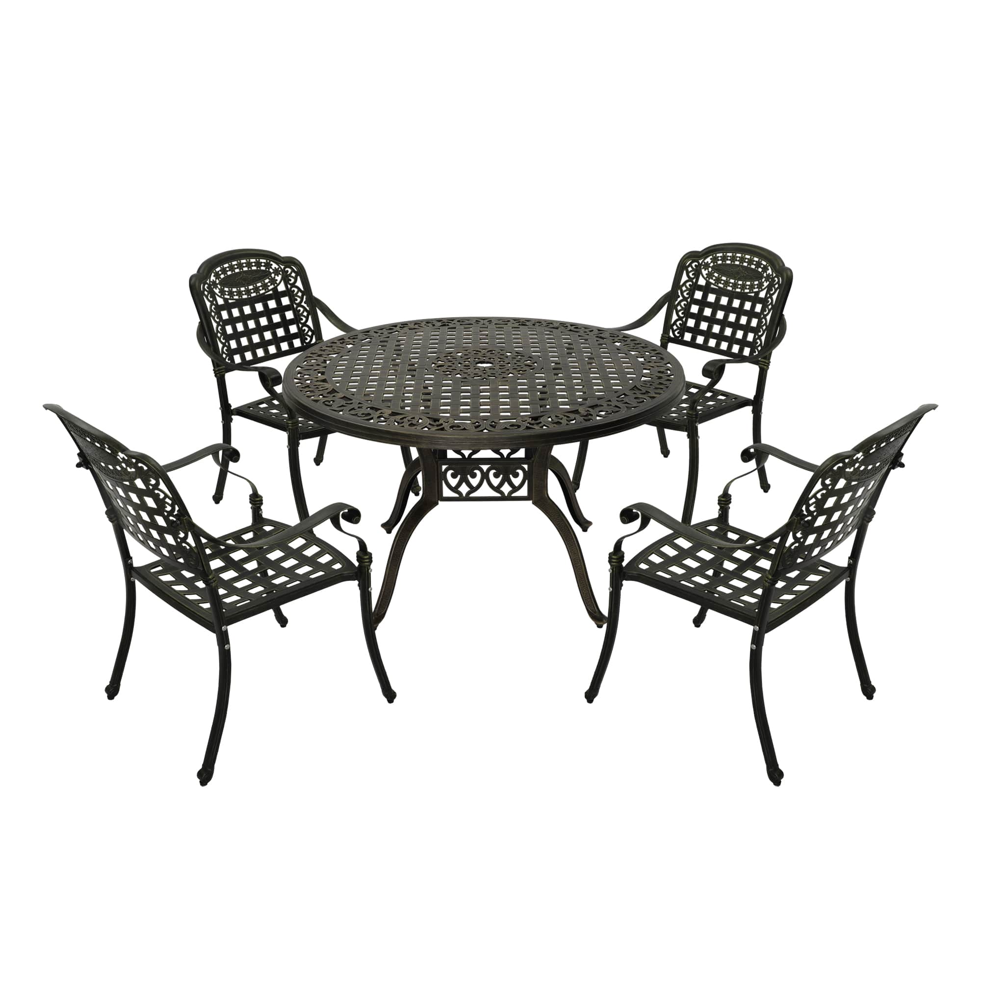 Mondawe - 5-Piece Cast Aluminum Dining Set with Round Table and 4 Chairs - Bronze