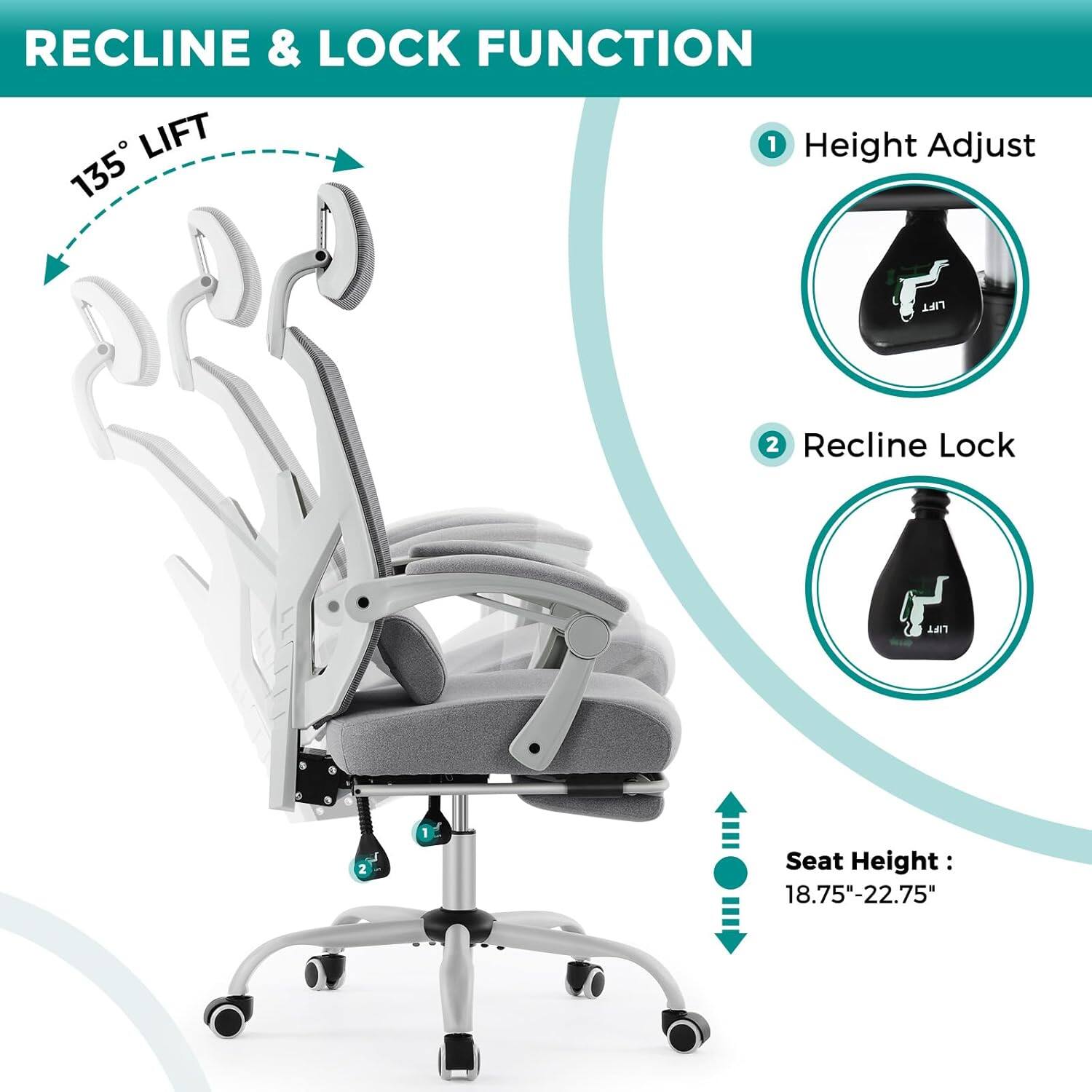 RECLINE & LOCK FUNCTION

135° LIFT

1. Height Adjust
2. Recline Lock

Seat Height: 18.75" - 22.75"