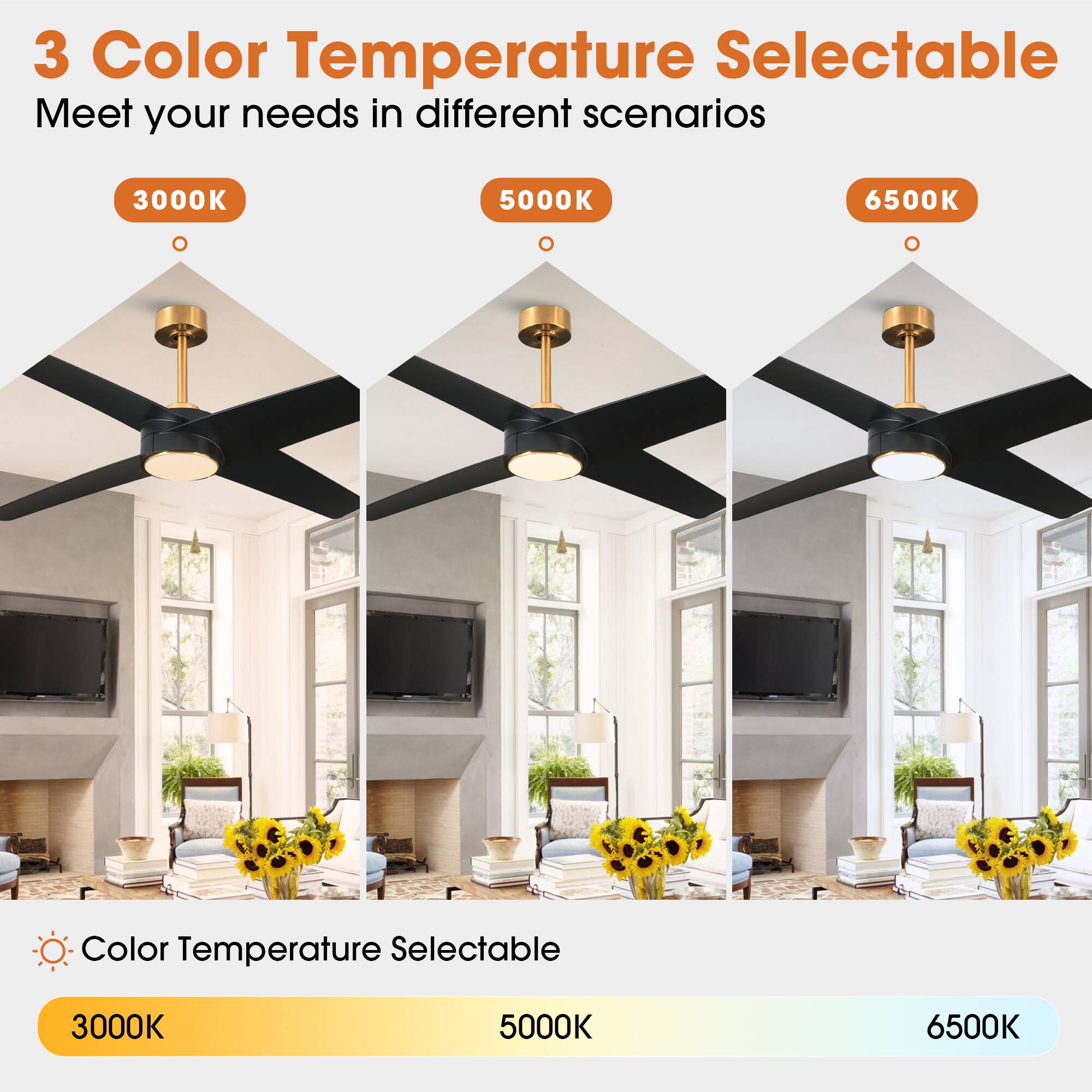 3 Color Temperature Selectable  
Meet your needs in different scenarios  

3000K  
5000K  
6500K  

Color Temperature Selectable  
3000K  
5000K  
6500K