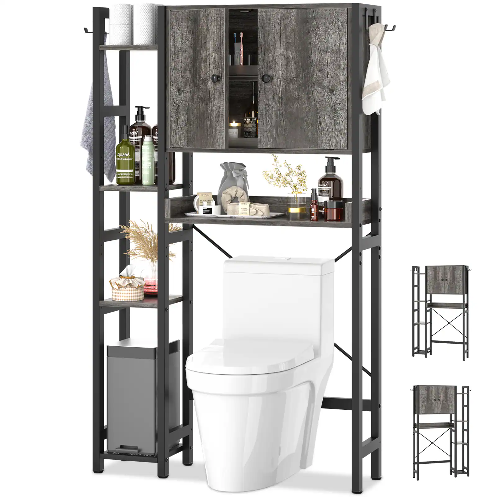 Angle. Aheaplus - Over The Toilet Storage Cabinet with Doors, 7 Tier Freestanding Bathroom Organizer with Adjustable Shelves & 4 Hooks - Gray Oak.
