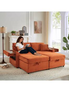 Trinkets Crazed - 68" Oversized Double Chaise Lounge With Hidden Storage Ottomans, Comfy Corduroy Upholstered Indoor Lounge Chair - Orange