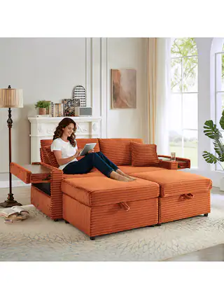 Front. Trinkets Crazed - 68" Oversized Double Chaise Lounge With Hidden Storage Ottomans, Comfy Corduroy Upholstered Indoor Lounge Chair - Orange.