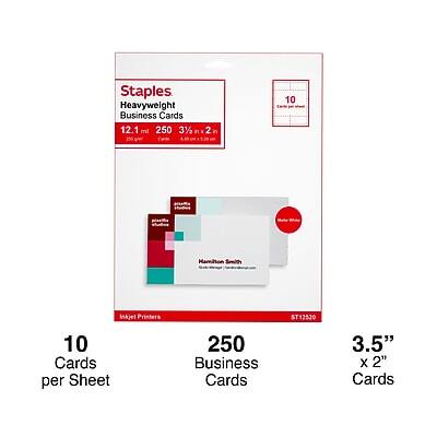 Staples Heavyweight Business Cards  
12 pt. 250 3" x 2"  
10 Cards per Sheet  
250 Business Cards  
3.5" x 2" Cards  
Inkjet Printers  
$11.29