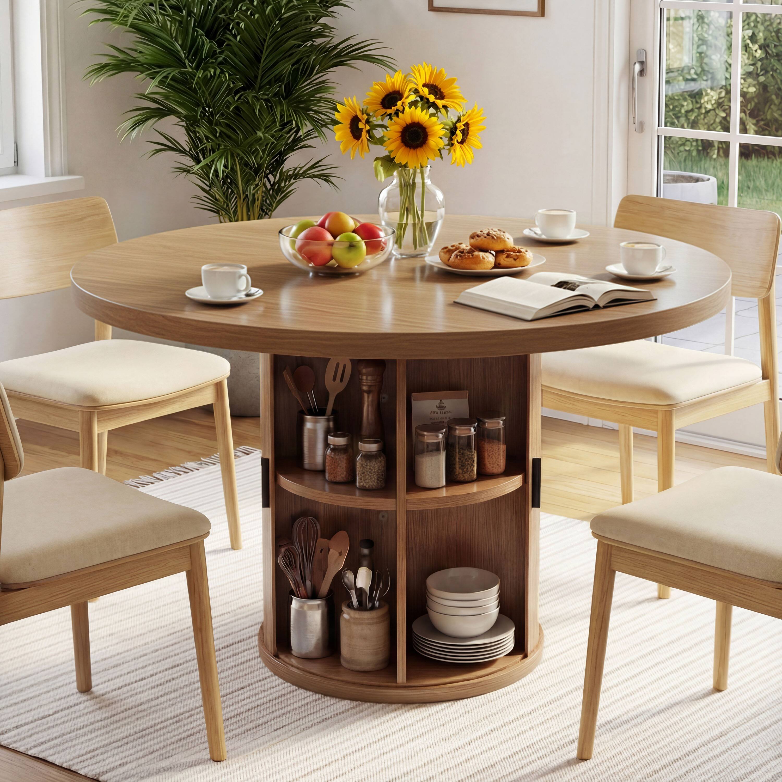 Back. Dyonery - 2-4 Person Round Dining Table, 35.43 inches, Wooden Base, Natural Material, Round Kitchen Dining Table - Walnut.