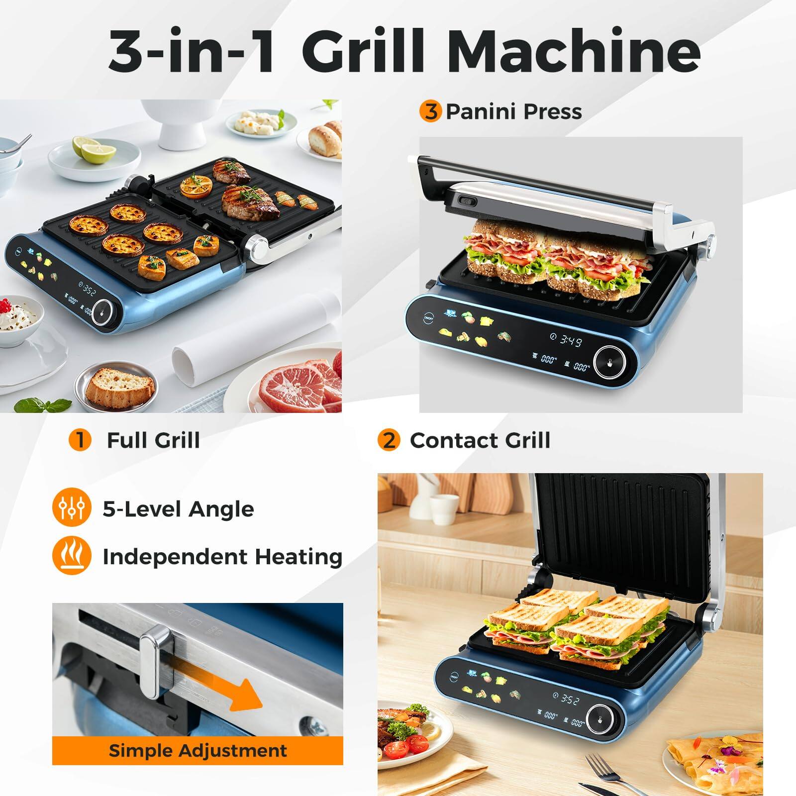 3-in-1 Grill Machine

1. Full Grill
2. Contact Grill
3. Panini Press

- 5-Level Angle
- Independent Heating
- Simple Adjustment