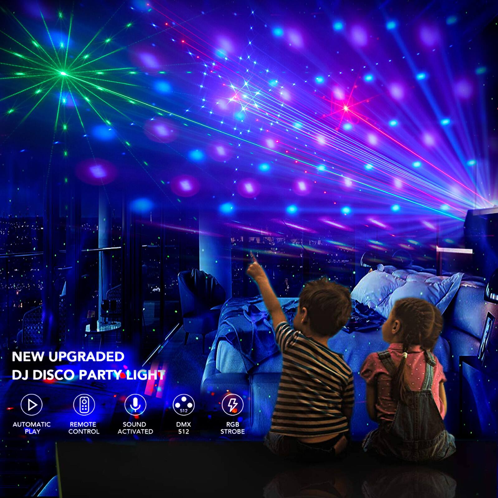 NEW UPGRADED DJ DISCO PARTY LIGHT

512

AUTOMATIC REMOTE SOUND PLAY CONTROL ACTIVATED

DMX 512

RGB STROBE