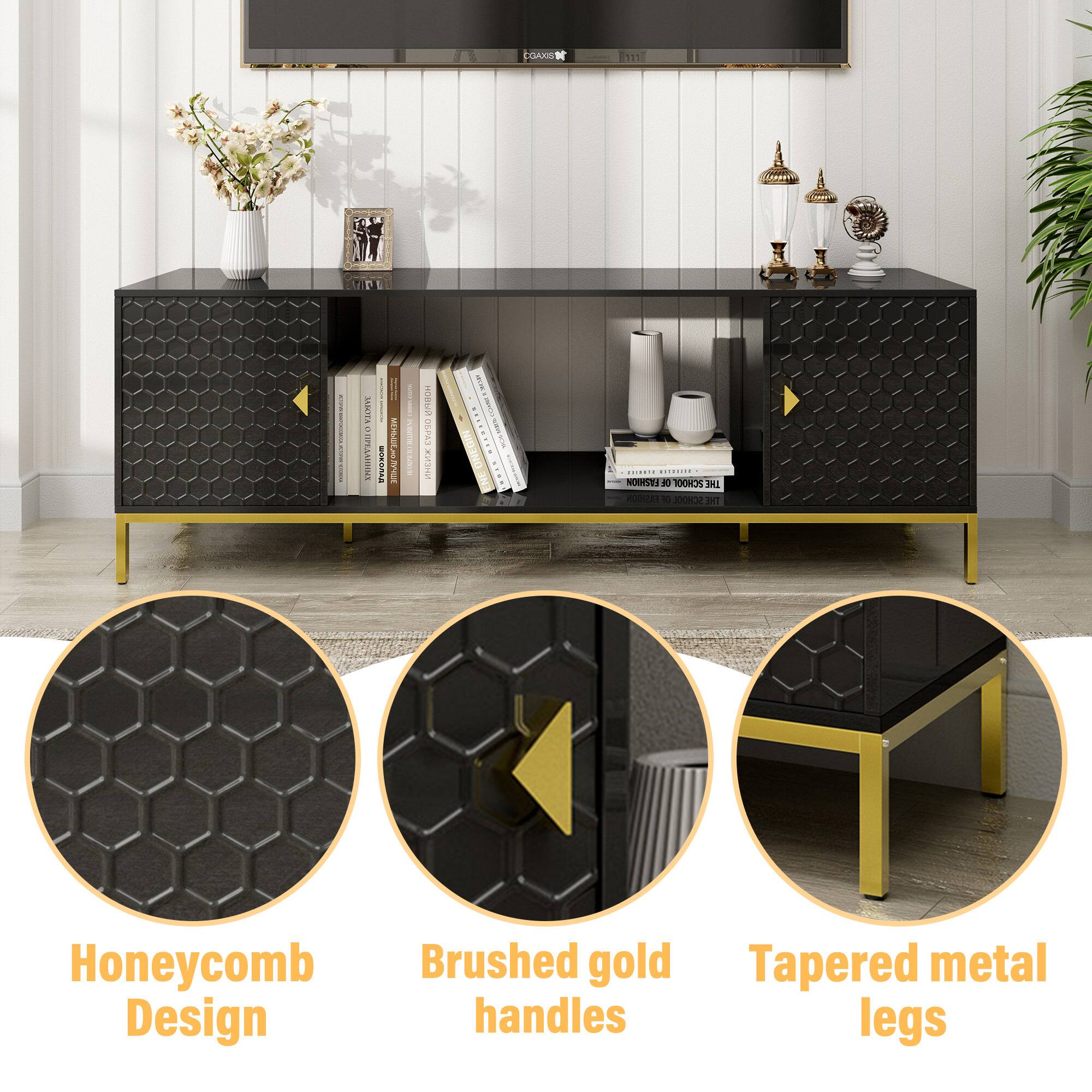 Honeycomb Design  
Brushed gold handles  
Tapered metal legs