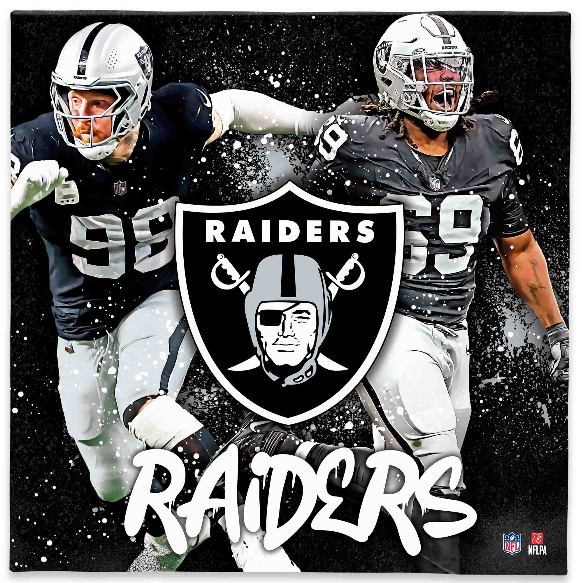 Sure, here is the corrected and grouped text from the image:

- W BTOS - 9 90 RAIDERS 19 RAiDERS
- NFL NFLPA 75
- RAIDERS
- 98 69
- NFLPA
- NFL