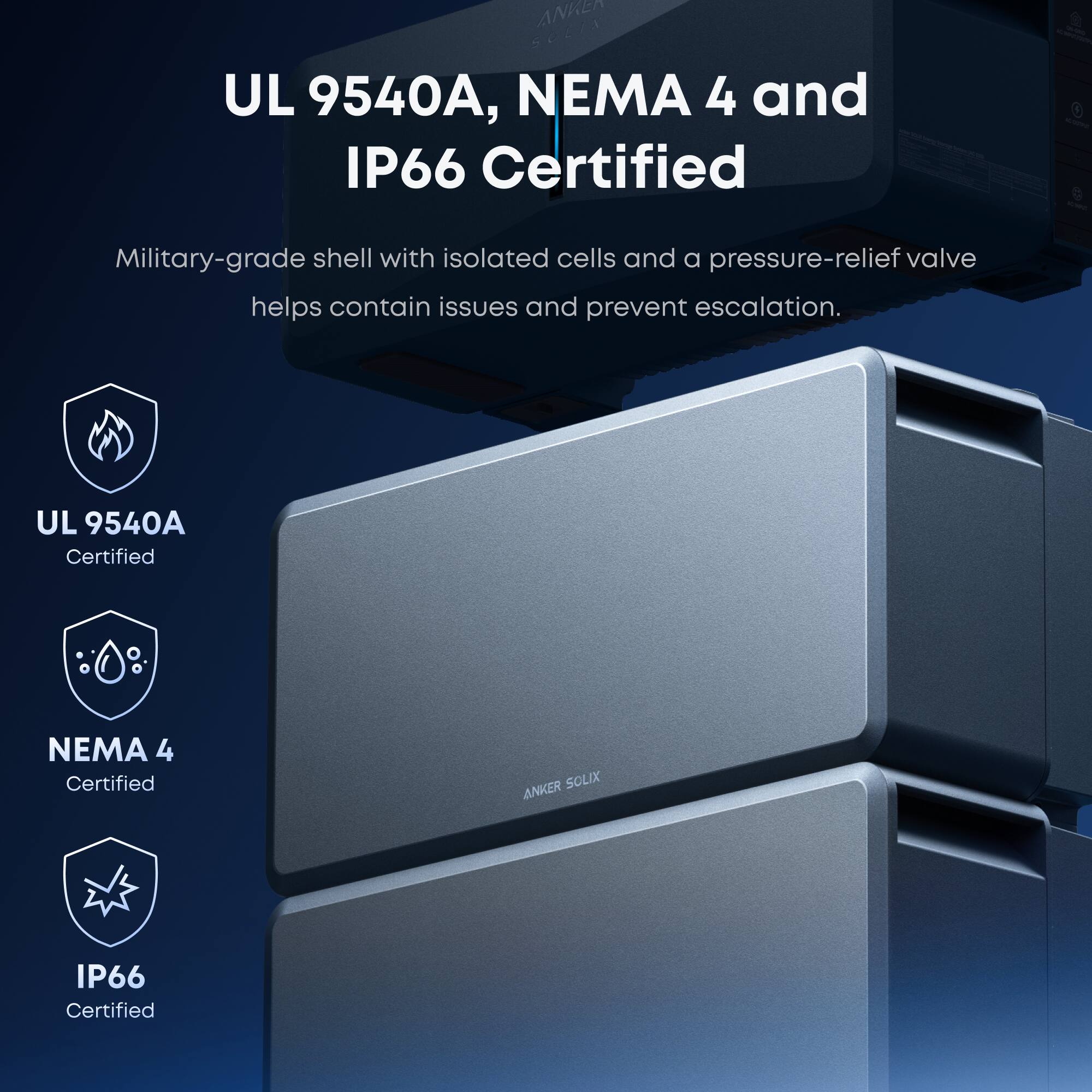 UL 9540A, NEMA 4 and IP66 Certified

Military-grade shell with isolated cells and a pressure-relief valve helps contain issues and prevent escalation.

- UL 9540A Certified
- NEMA 4 Certified
- IP66 Certified