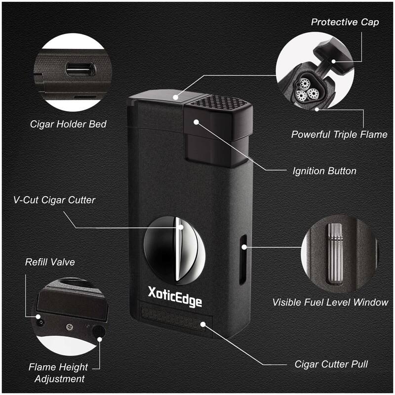 Protective Cap  
Cigar Holder Bed  
Powerful Triple Flame  
Ignition Button  
V-Cut Cigar Cutter  
Refill Valve  
Visible Fuel Level Window  
Flame Height Adjustment  
Cigar Cutter Pull
