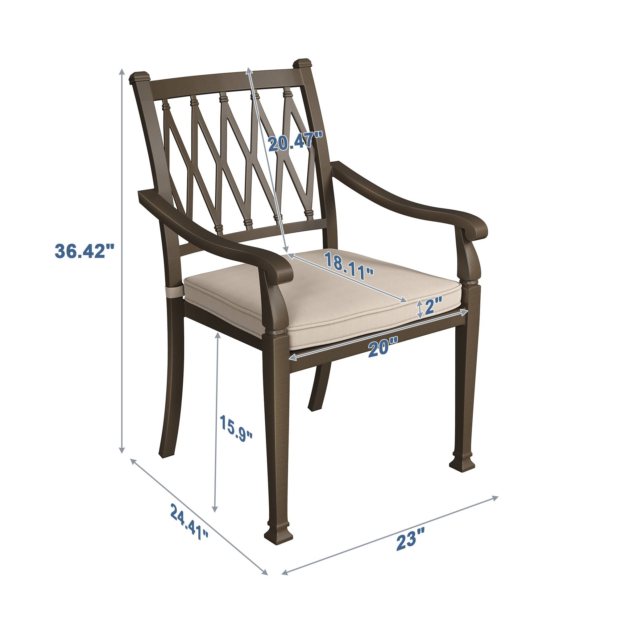Here is the corrected and grouped text from the image:

- Height: 36.42"
- Width: 23"
- Depth: 24.41"
- Seat Height: 15.9"
- Seat Width: 20"
- Seat Depth: 2"
- Back Height: 20.47"
- Back Width: 18.11"