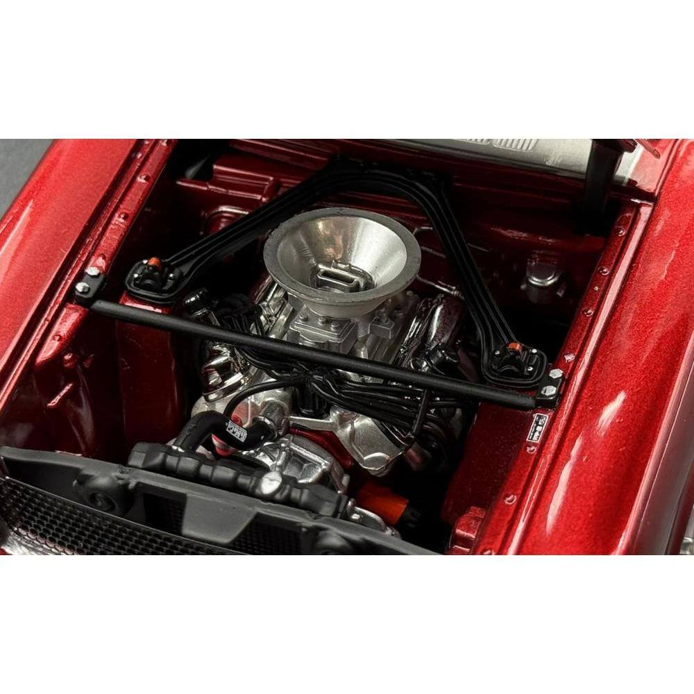 Left. ACME - 1965 Shelby GT350R Pro Touring Red Metallic with Silver Hood and Trunk Limited Edition to 350 pieces Worldwide 1/18 - Red Metallic.