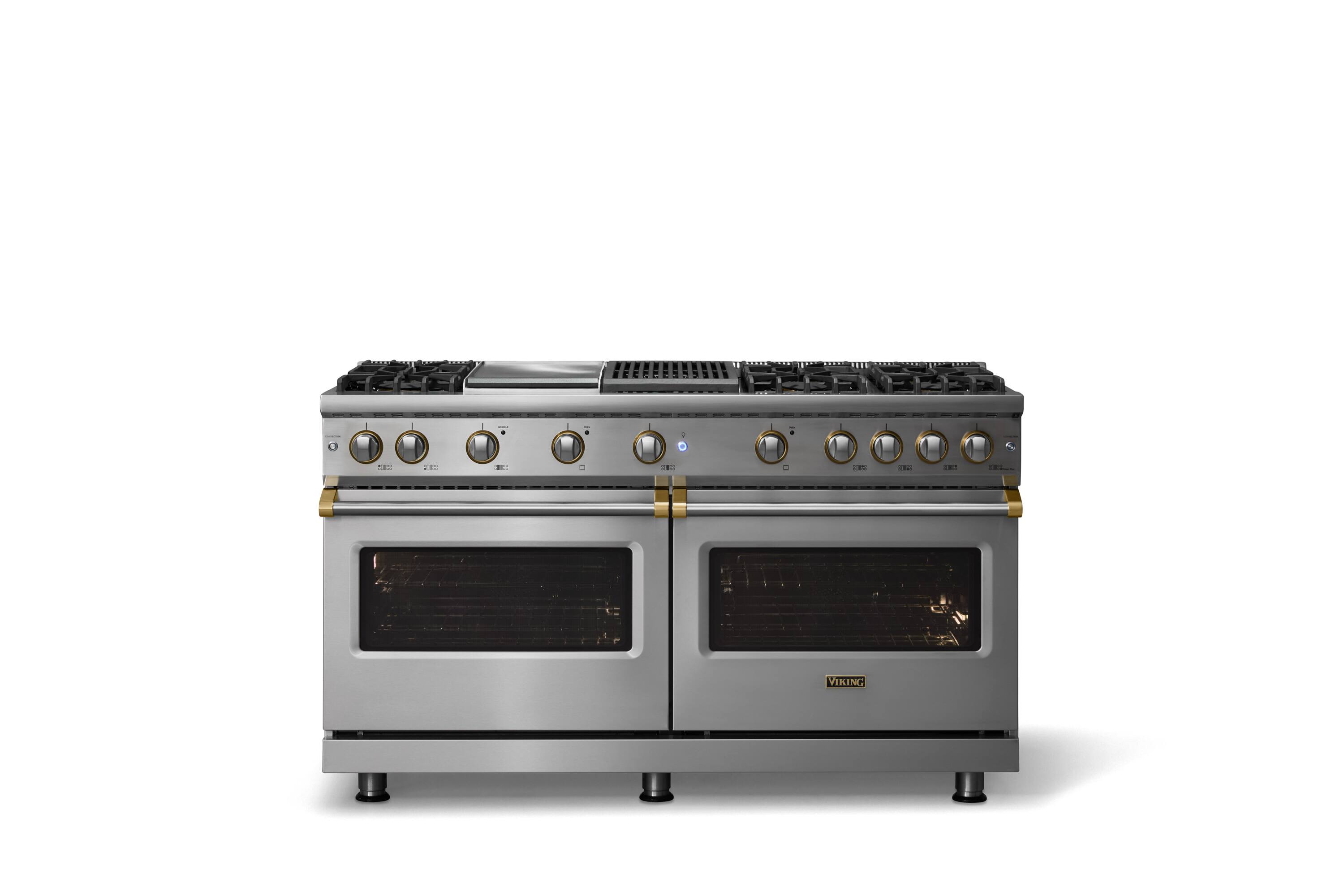 Alt View 2. Viking - 60 in. Wide 6 Burner Pro 5 Series 8.0 Cu. Ft. Freestanding Sealed Burner LP Gas Convection Rangewith Brushed Brass Trim - Stainless Steel.