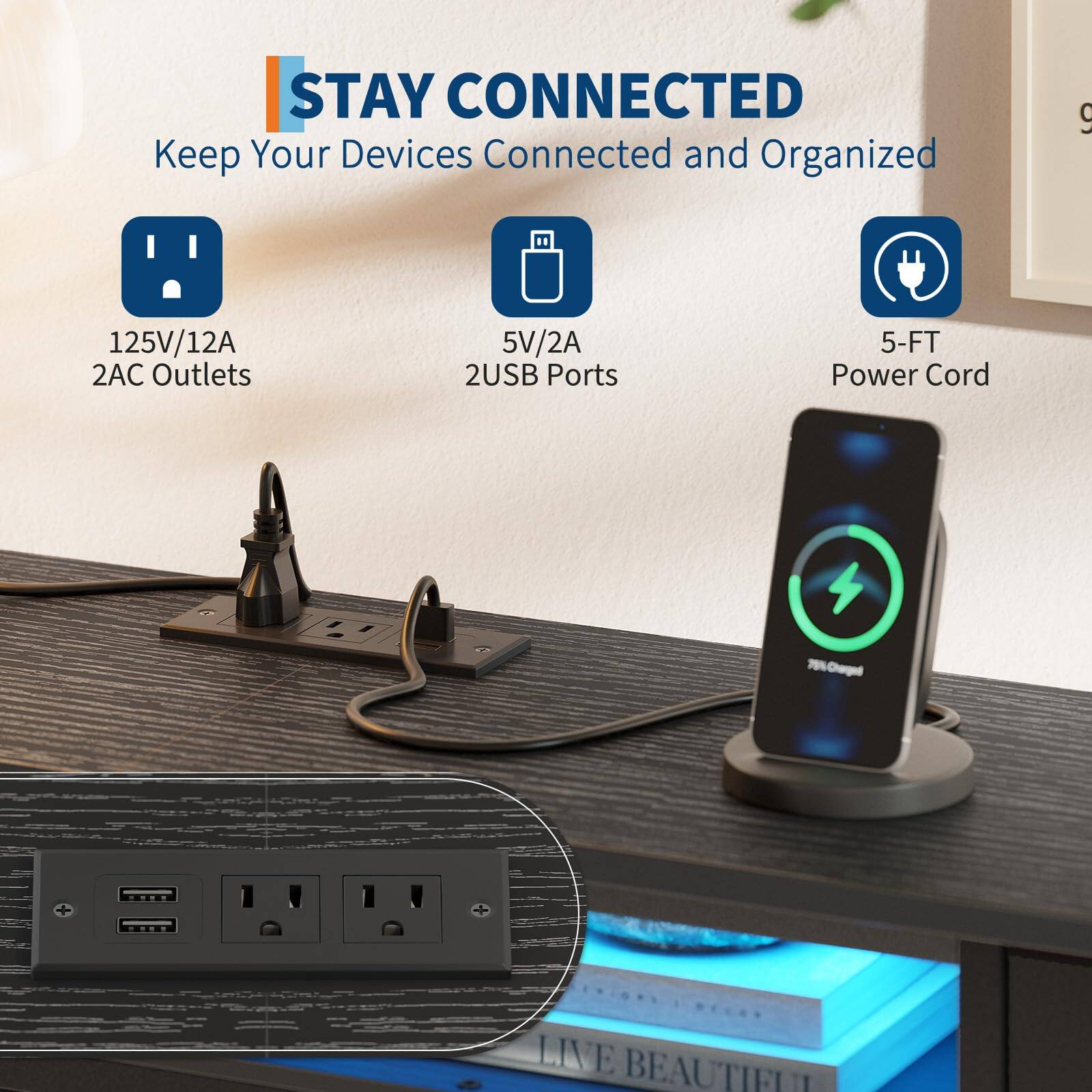 STAY CONNECTED  
Keep Your Devices Connected and Organized  

- 125V/12A 2AC Outlets  
- 5V/2A 2USB Ports  
- 5-FT Power Cord  

Ohogad LIVE BEAUTIFUL
