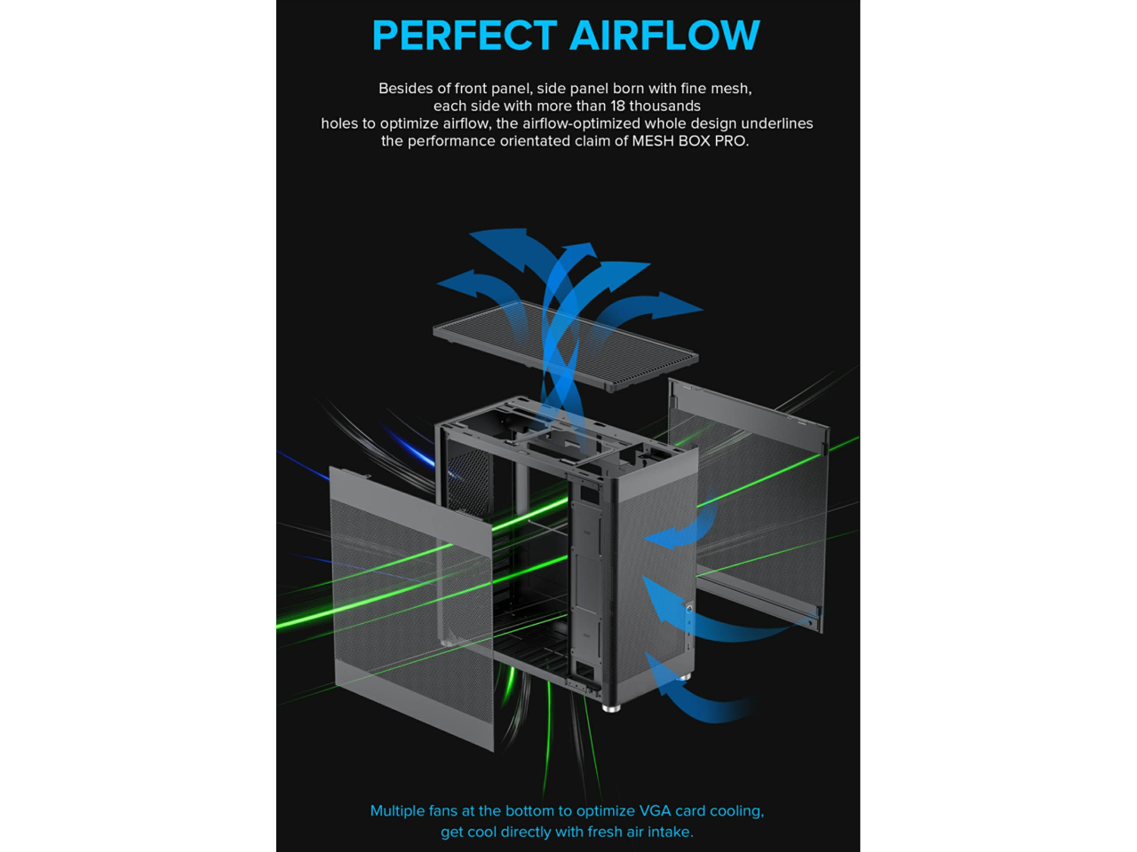 PERFECT AIRFLOW

Besides the front panel, side panel born with fine mesh, each side with more than 18 thousand holes to optimize airflow. The airflow-optimized whole design underlines the performance-oriented claim of MESH BOX PRO.

Multiple fans at the bottom to optimize VGA card cooling, get cool directly with fresh air intake.