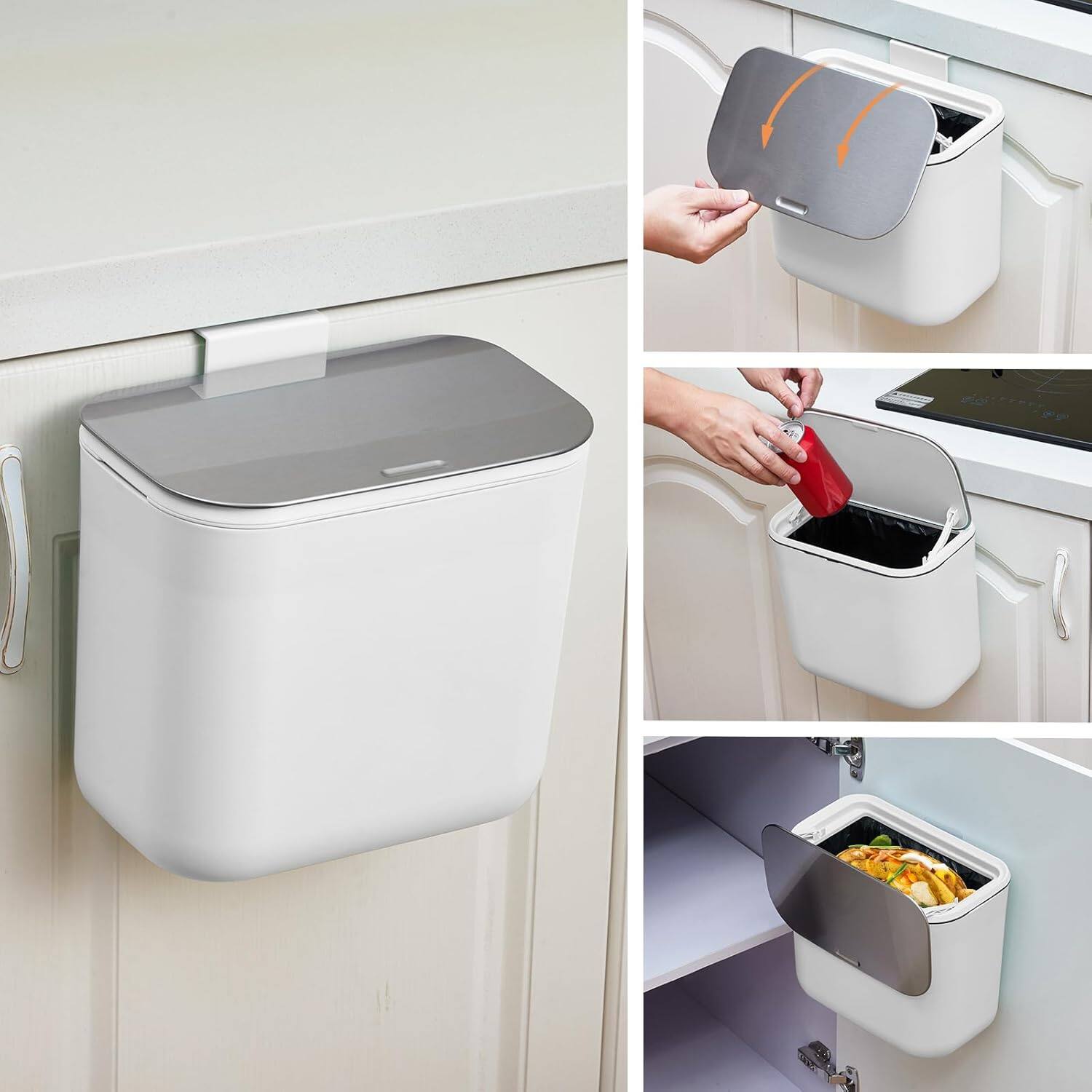 Alt View 4. Homhougo - 1.8 Gallon Hanging Trash Can with Stainless Steel Lid, Under Sink Compost Bin for Kitchen Cabinet Door Mounted - White.