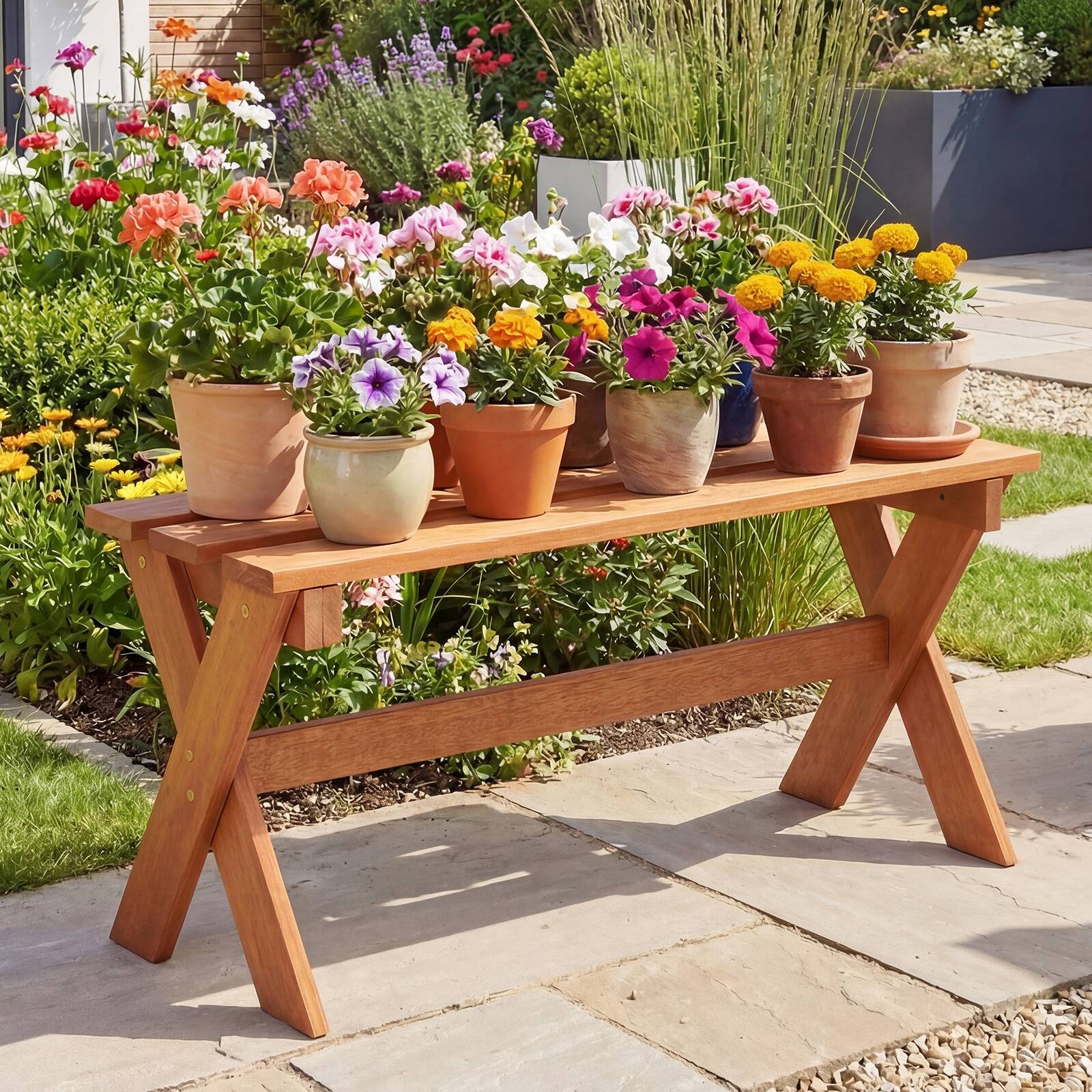 Alt View 5. Gymax - Gymax 36'' Outdoor Solid Wood Bench Set of 2 w/Teak Oil Finish & Slatted Seat for Porch - Brown.