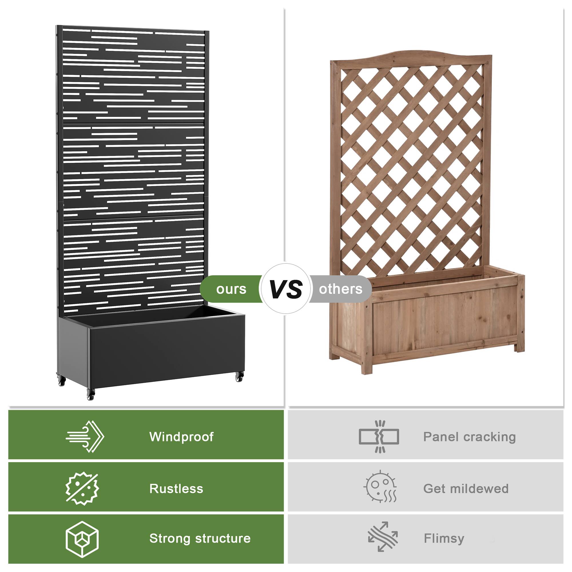 ours vs others

- Windproof
- Rustless
- Strong structure

others

- Panel cracking
- Get mildewed
- Flimsy