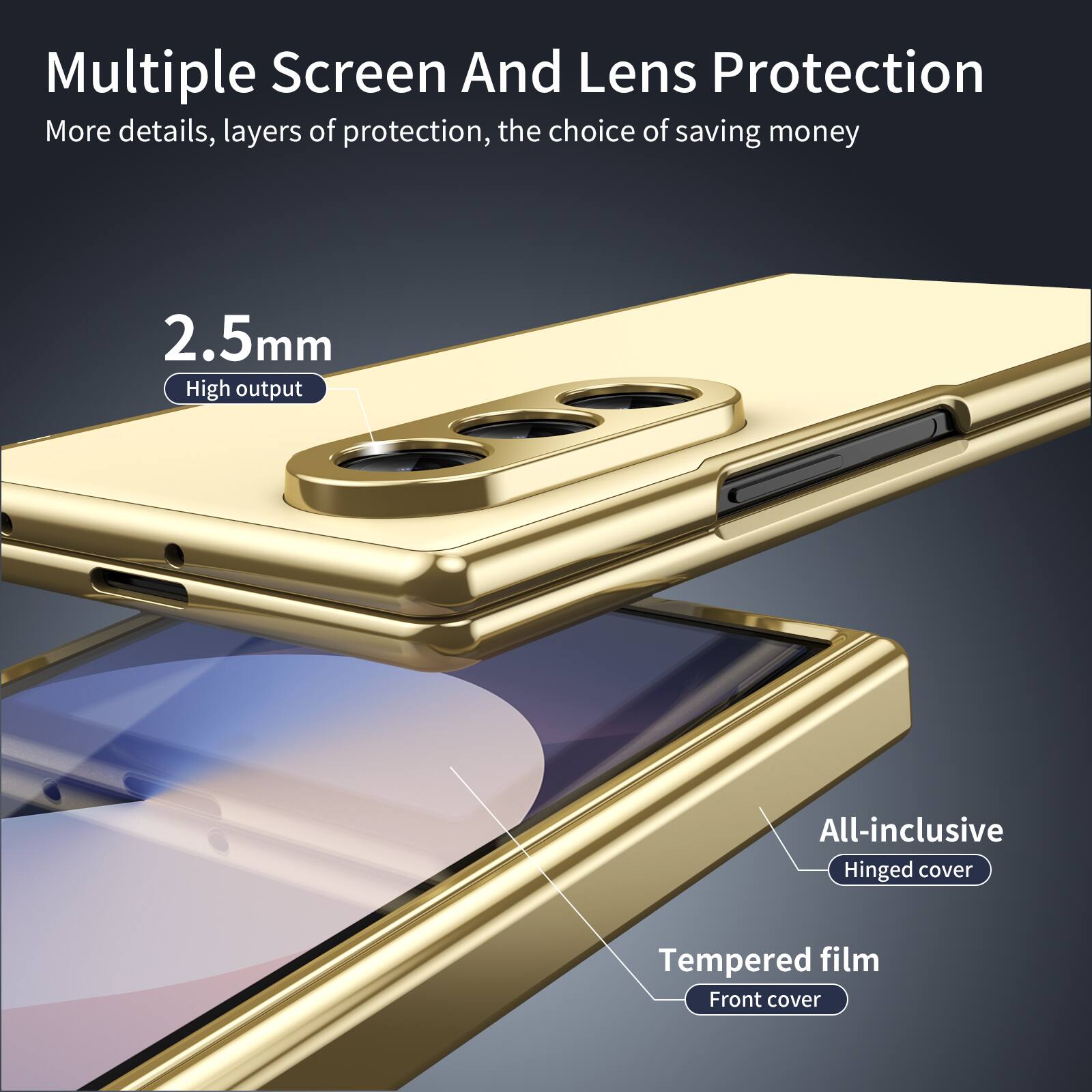 Multiple Screen And Lens Protection  
More details, layers of protection, the choice of saving money  

2.5mm  
High output  

All-inclusive  
Hinged cover  

Tempered film  
Front cover