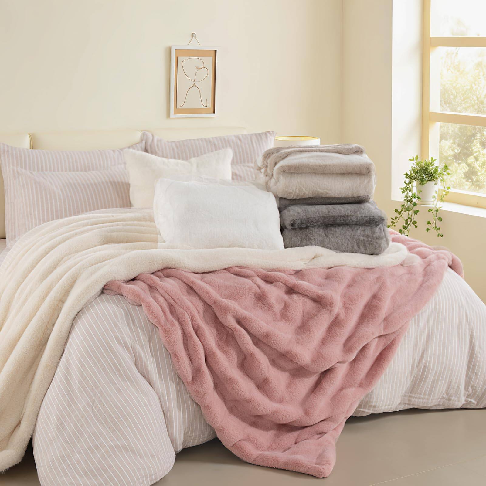 Alt View 5. Refined Abode Design - Faux Throw Blanket Luxury Soft Decorative Cozy Plush Long Shaggy Fluffy For Sofa Couch Bed Living Room - White Throw(50" x 60").