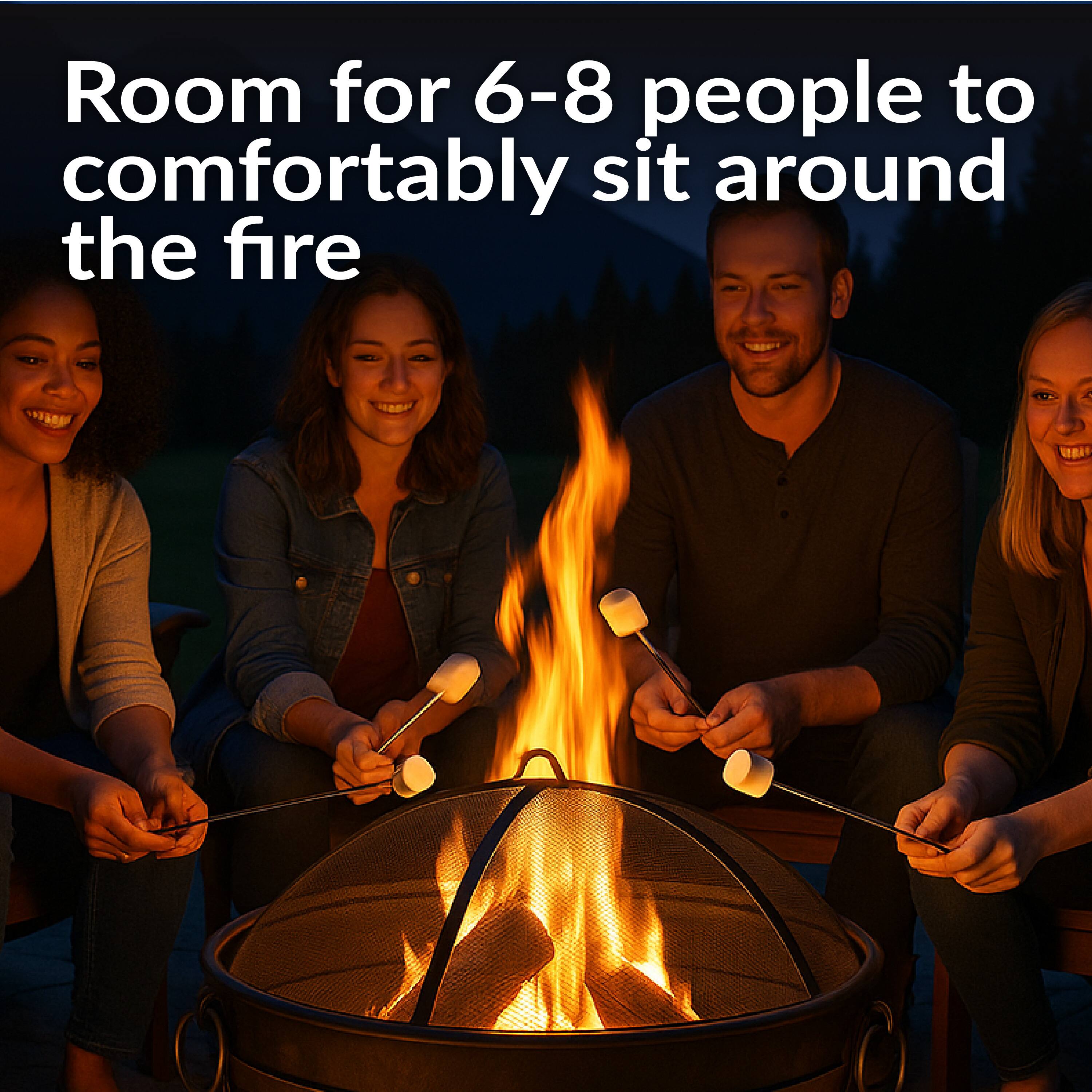 Room for 6-8 people to comfortably sit around the fire