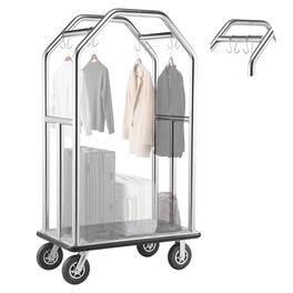 VEVOR - Hotel Luggage Cart, 1500 lbs Heavy Duty Bellman Cart with Stainless Steel Frame, 8 in Rubber Wheels, Gray Carpeted Deck - Silver