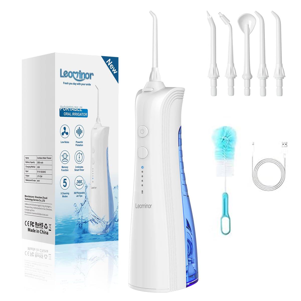 New Leovinor Fresh your day with your smile PORTABLE ORAL IRRIGATOR Low Noise Powerful Pulsation - 5 Grdes - 360° Cleaning Mesh - Memory Function - 2N2 Keor ko n 5 - Cleaning Mesh - 5 Modes - Dual Technology - GILLTO pusho/sncteStne I Sei Smart Timer 360 X Talalle N Tue 1 I Leominor CER (Fe ROHS mard Made in China Made in China 3A3)