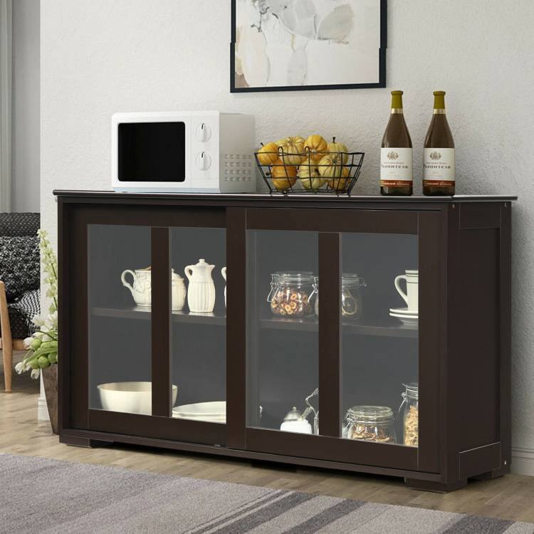 Left. Hivvago - Brown Wood Buffet Kitchen Dining Sideboard Storage Cabinet w/ Glass Sliding Door - Brown.