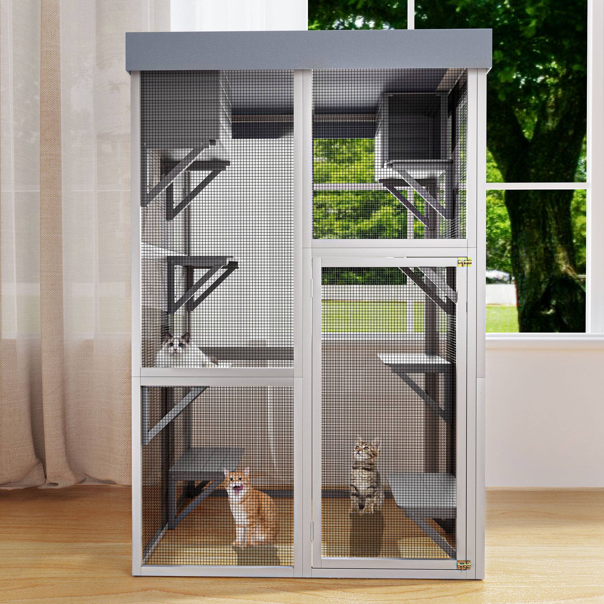 Alt View 10. Siljoy - 70.5" Tall Gray Catio with Removable Tarp, 6 Platforms & 2 Napping Houses, Outdoor Cat Enclosure.